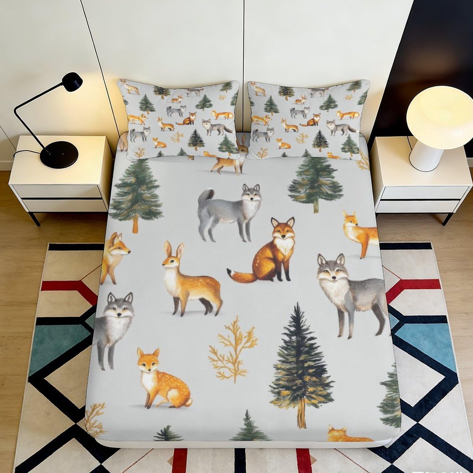 3D Printed Forest Animals Fitted Sheet Microfiber Soft Easy Care Woodland Deer Mattress Cover for Bedroom Guest Room Decor 180x200x25cm