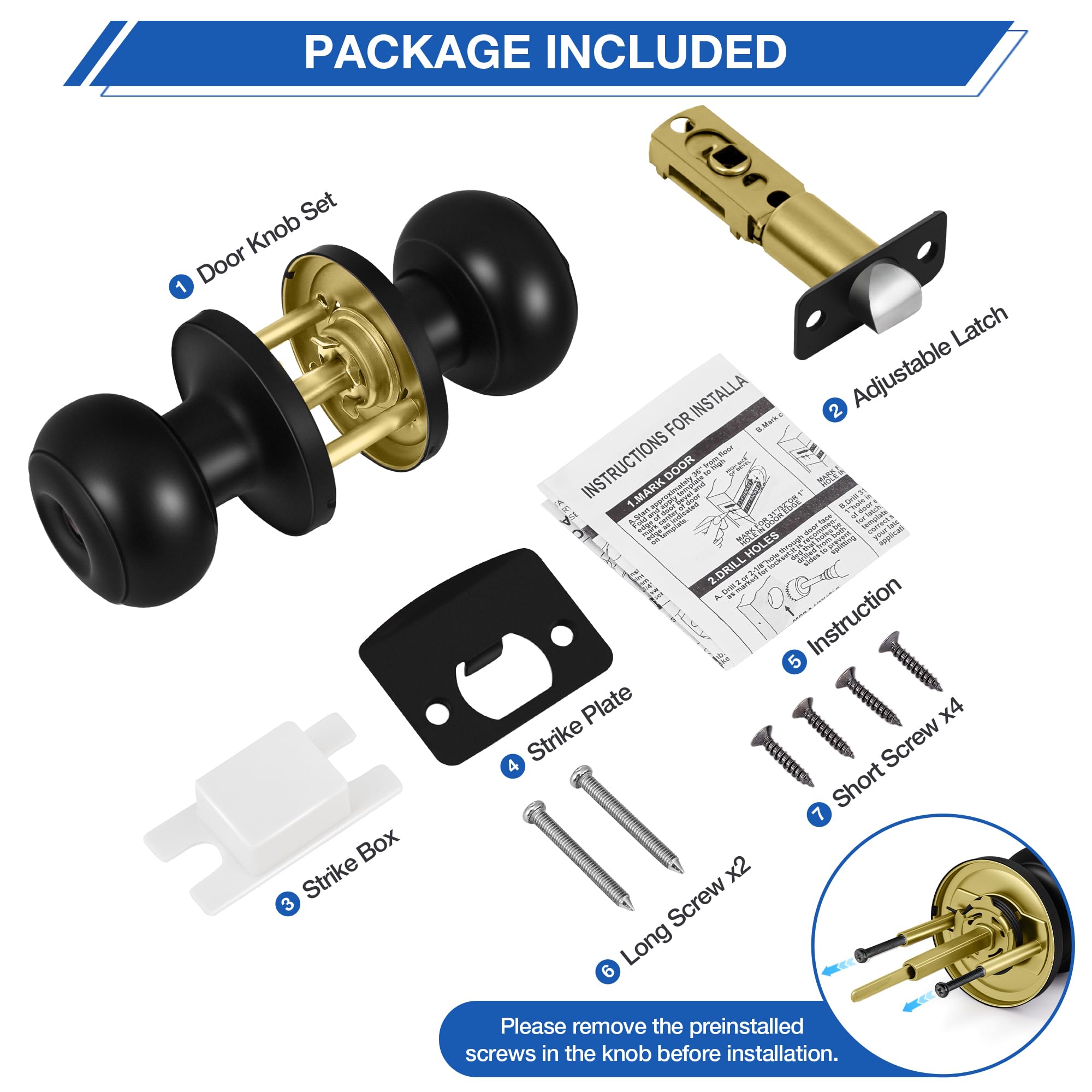 Matte Black Door Knobs - 8 Pack with Lock -8