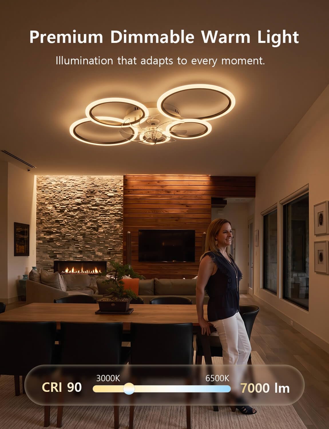 Deckenventilator mit Beleuchtung Kompatibel mit Alexa und Google Assistant, 100cm Deckenleuchte mit Ventilator Wohnzimmer, Leise Timer Dimmbar Reversible Ring Ventilator, Schwarz