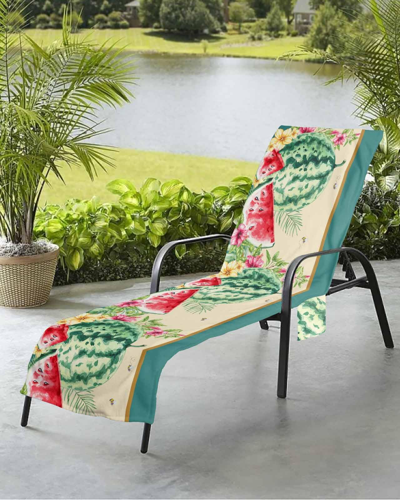 Watermelon Beach Chair Towel Covers for Chaise Lounge with Side Pocket, Soft Plush Pool Towels Cover for Patio Sunbathing Outdoor 29''x85'' Summer Green Tropical Palm Leaves Floral