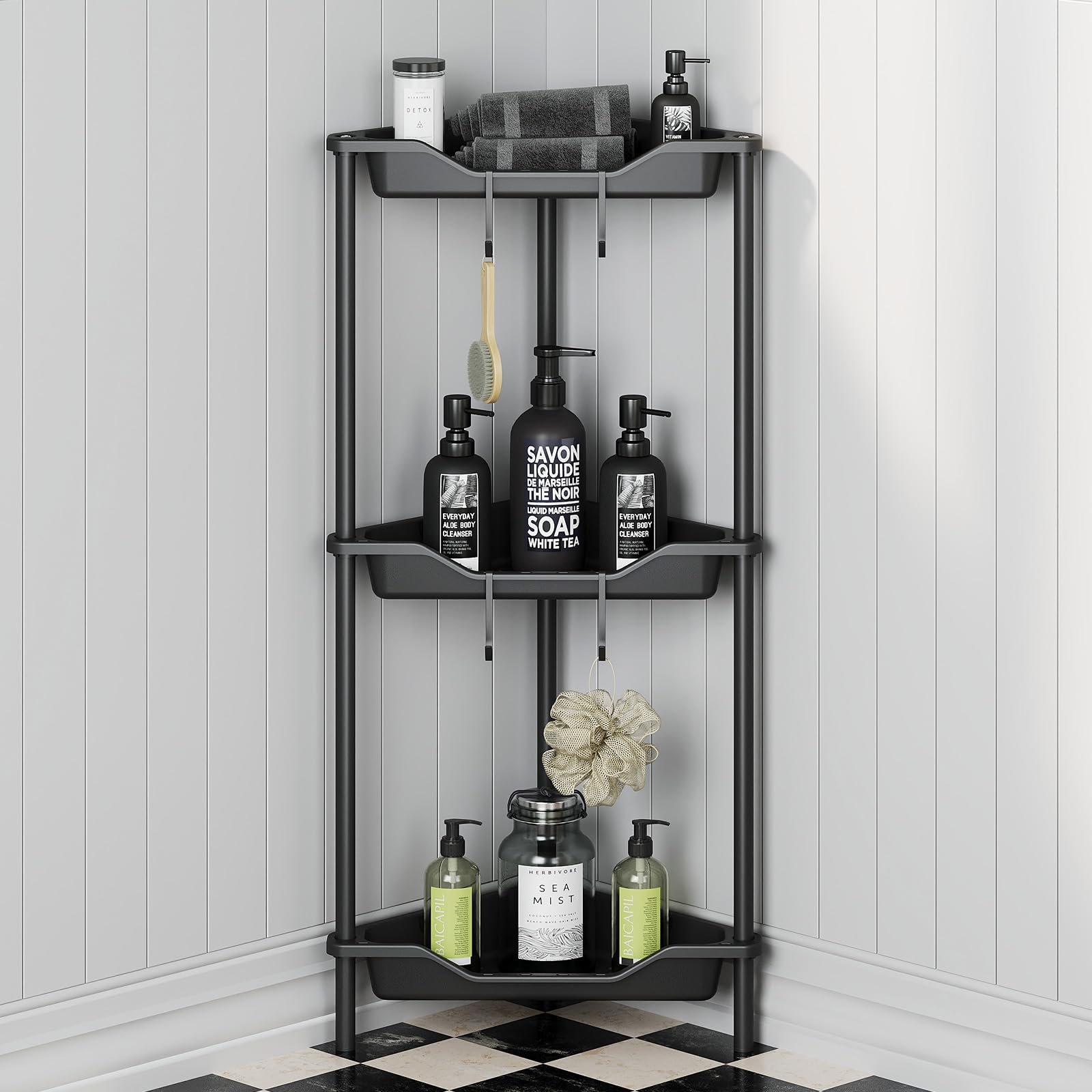 Oriware 3 Niveles Estanteria baño de Ducha de pie, Organizador de Esquina de Piso, Cesta Ducha sin taladrar para baño, Negro