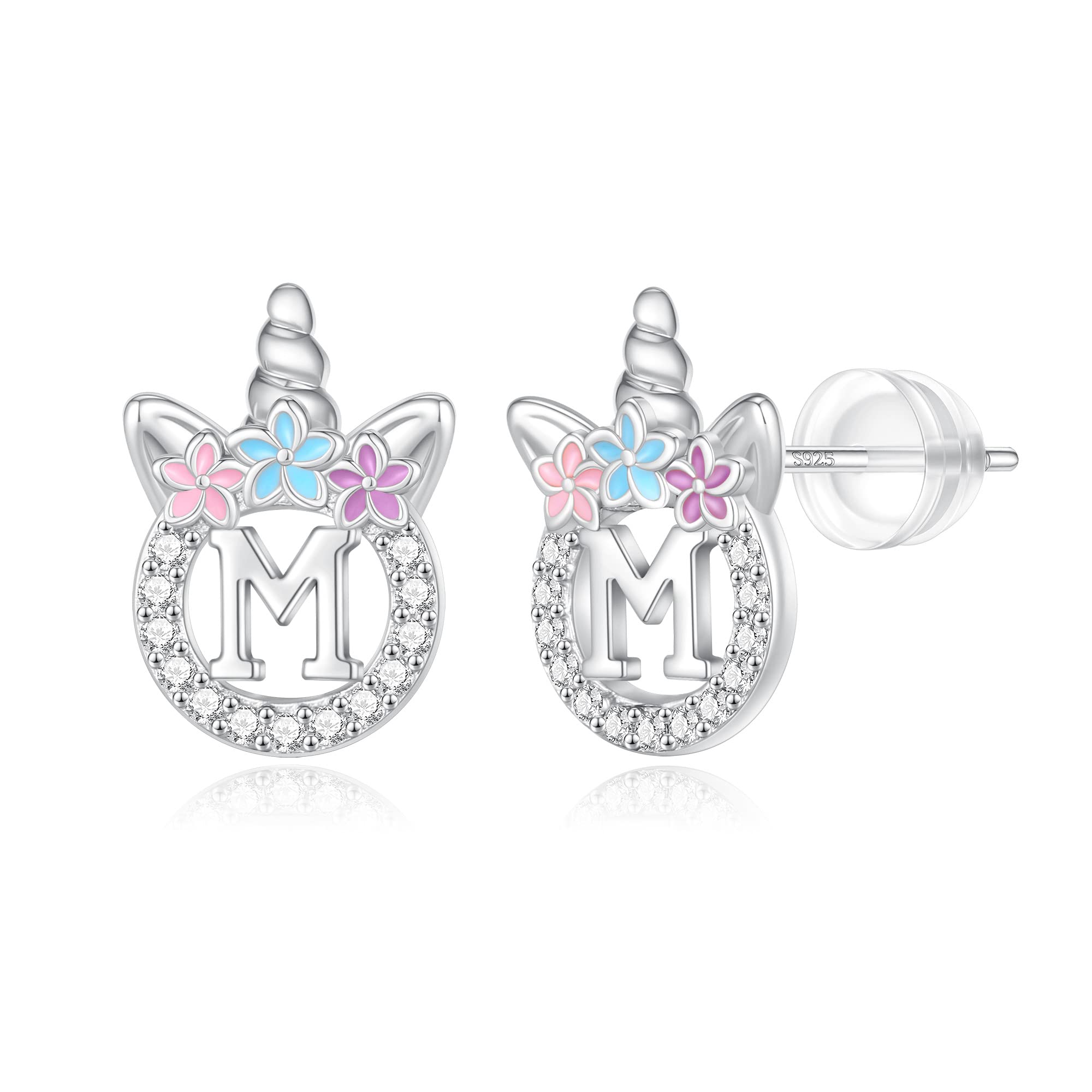 Unicorn Earrings Gifts for Girls - 925 Sterling Silver Stud Earrings Hypoallergenic Initial Unicorn Earring for Girls Kids Jewelry CZ Birthday Gifts