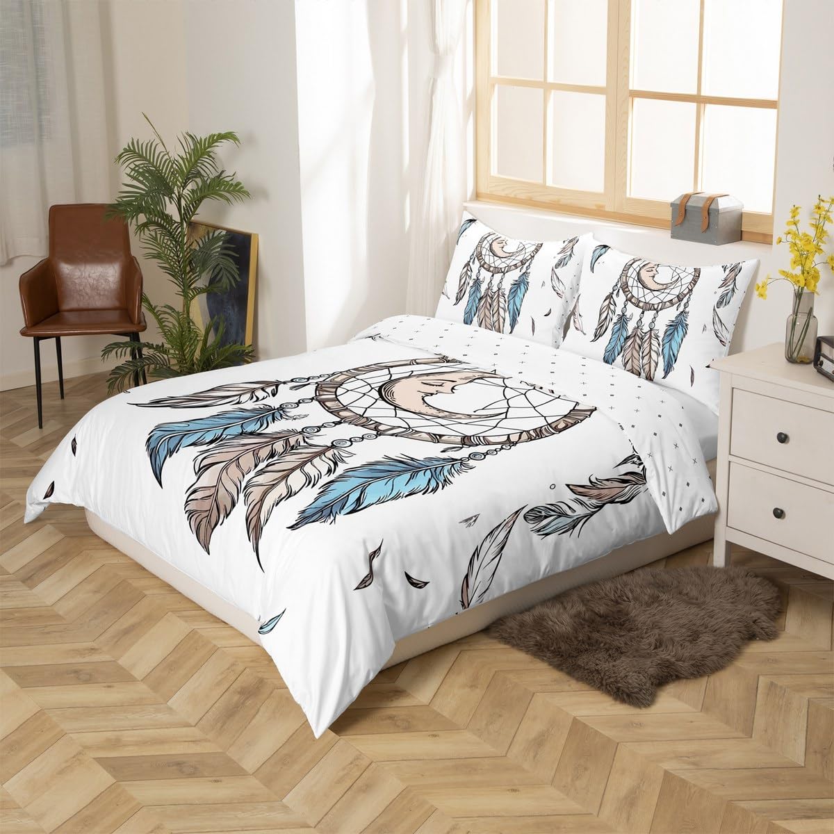 King Dreamcatcher poszewka na kołdrę dla dzieci, chłopców, dziewcząt, zestaw pościeli boho łapacz snów, zestawy łóżek z piórami w stylu boho, plemienna poszewka na kołdrę z 2 poszewkami na poduszki,