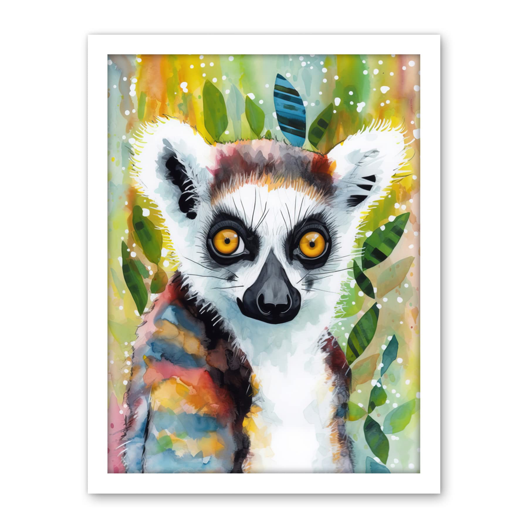 Artery8 Lemur Portrait Folk Art Watercolour Painting Artwork Framed Wall Art Print 18X24 Inch