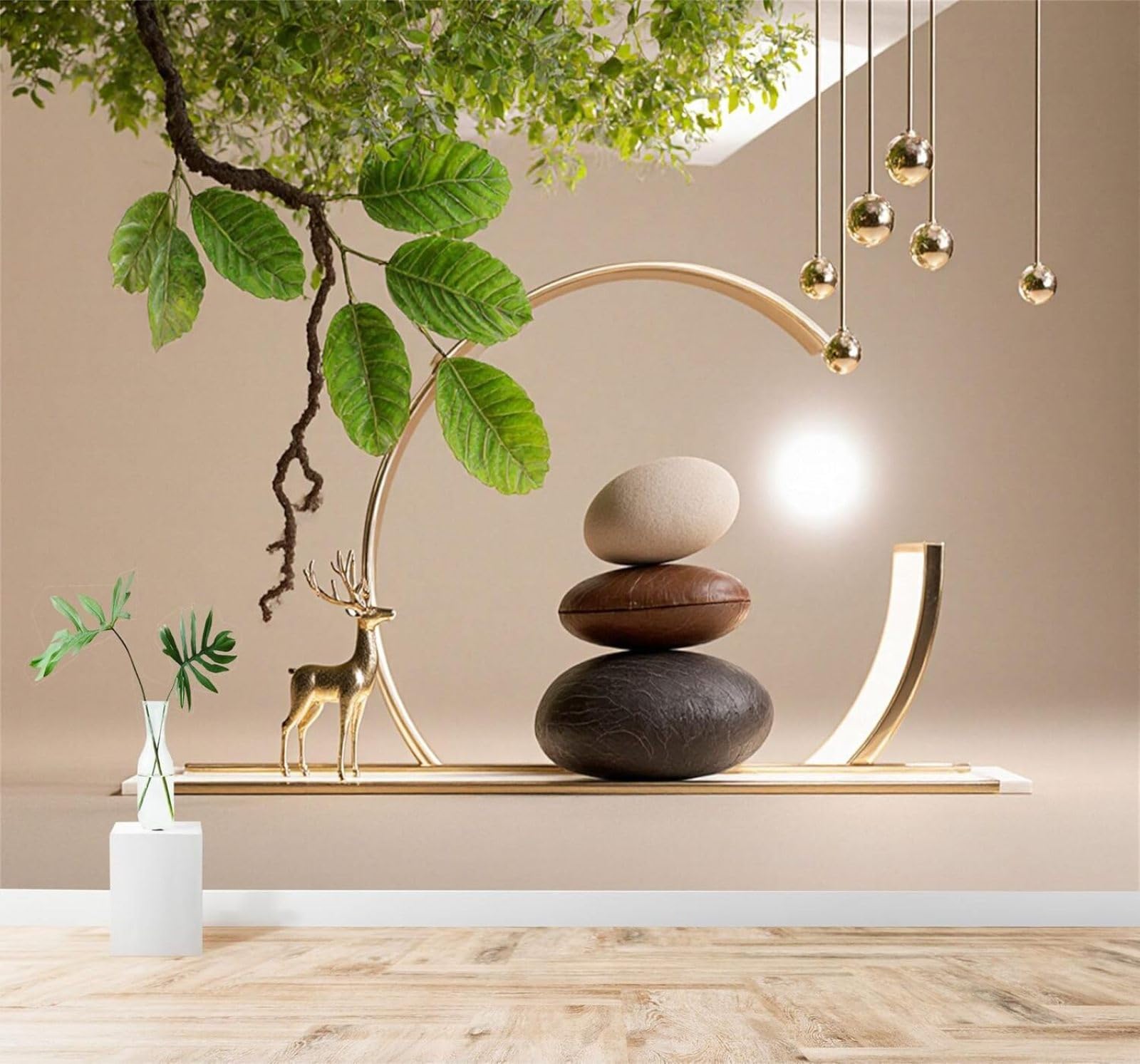 XLMING Golden Deer Zen Stones Green Leaves Abstract Creative Art 3D Wallpaper Silky Texture Home Study Office Grey Dining Room Sofa Bedroom Living Room TV Backdrop-300cm×210cm