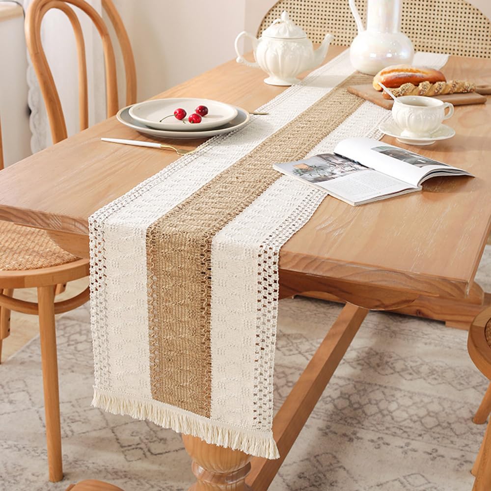 Chemin de table Boho 30 x 350 cm - En coton et lin - Avec pompons - Rustique creux - En macramé - Dentelle au crochet - Décoration de table de mariage - Pour cuisine, salle à manger