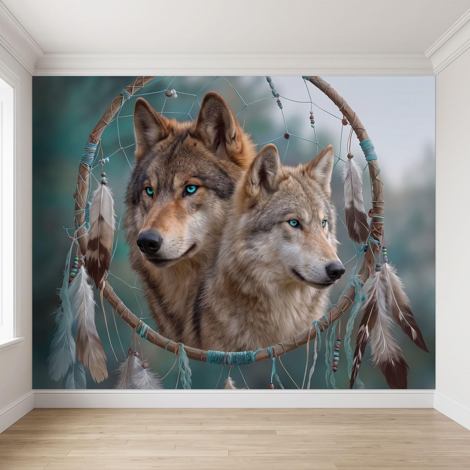 Fototapete Fantasy Boho Wohnzimmer 250 x 175 cm, Vlies Tapeten Traumfänger Wolf Wildtier Wandtapete XXL Foto Tapete Vliestapete Motivtapeten Bildtapete Schlafzimmer Wand Dekoration