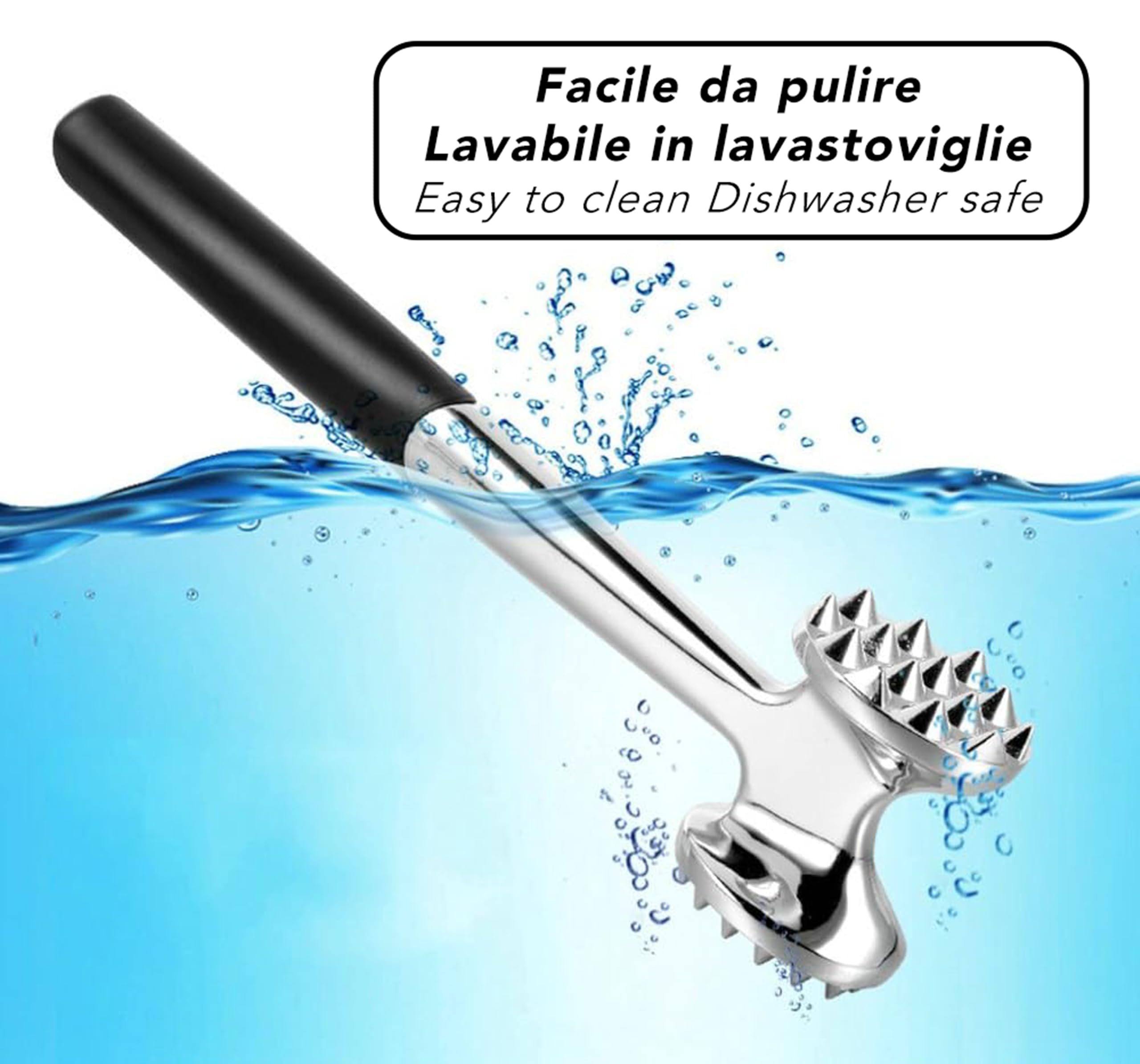 IPEA Tłuczek do mięsa ze stali nierdzewnej z komfortowym gumowym uchwytem - 22,5 cm - Pokonaj mięso dwustronne do kruszenia mięsa, hamburgerów, kotletów, steków, kurczaka - nieprzywierający młotek