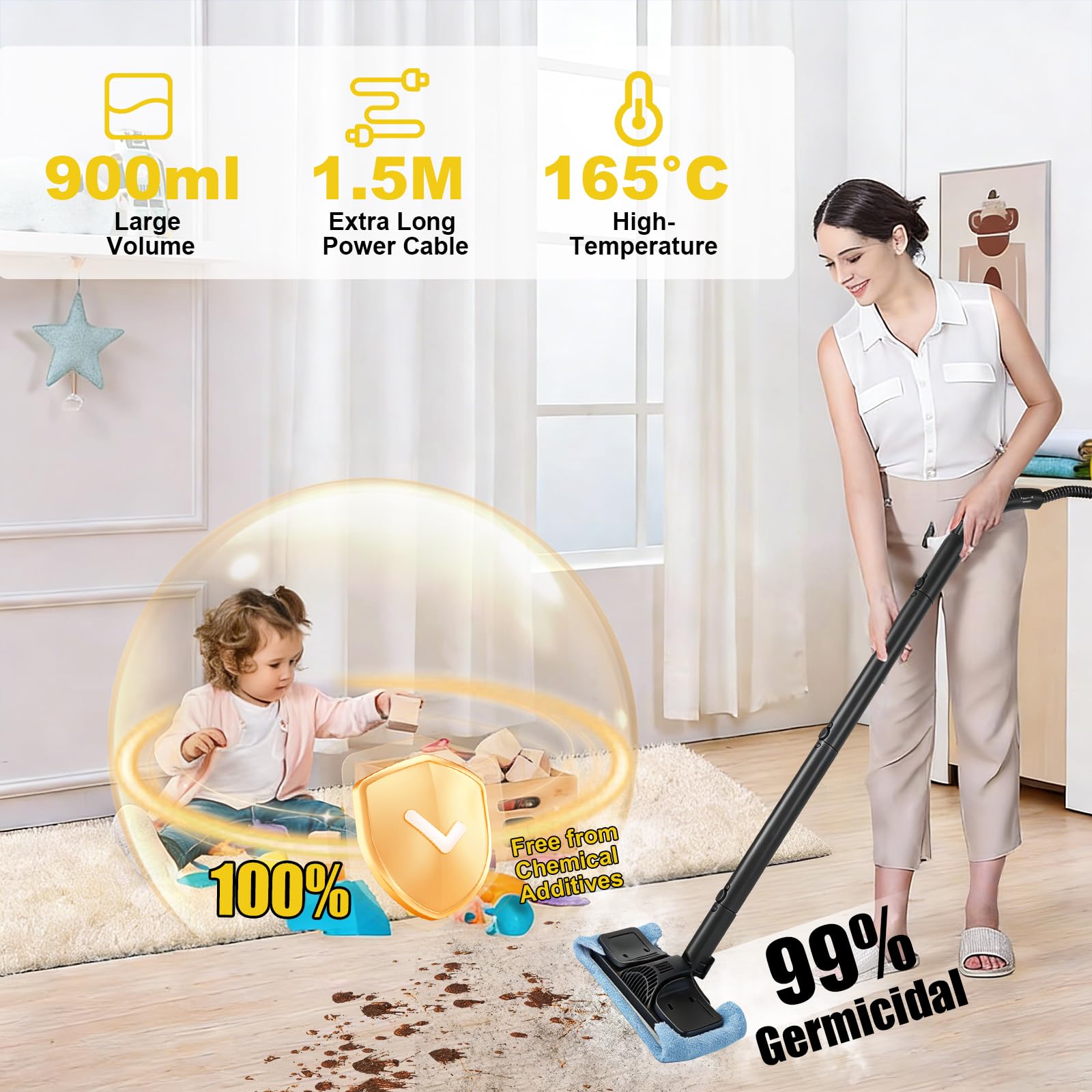 Dampfreiniger, 1800W Tragbarer Dampfreiniger Boden mit 900-ml-Tank, 15 Zubehörteile, Handdampfreinige für die Reinigung von Öfen, Teppichen, Sofas, Polstern, Spielzeug und glatten Böden