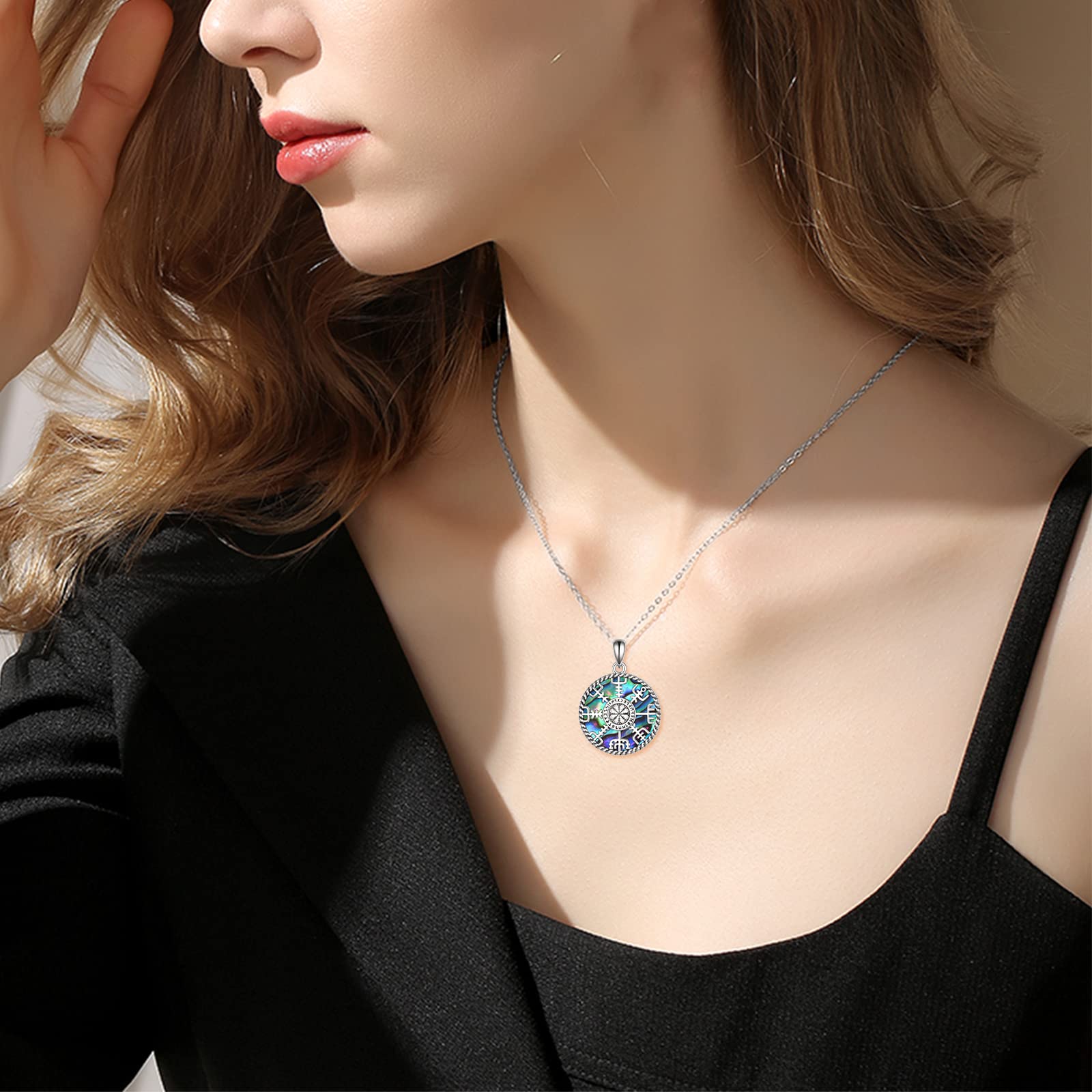 Wikinger Kompass Halskette Sterlingsilber Runen Vegvisir Anhänger Halskette Abalone Muschel Nordic Amulett Schmuck Geschenke für Frauen