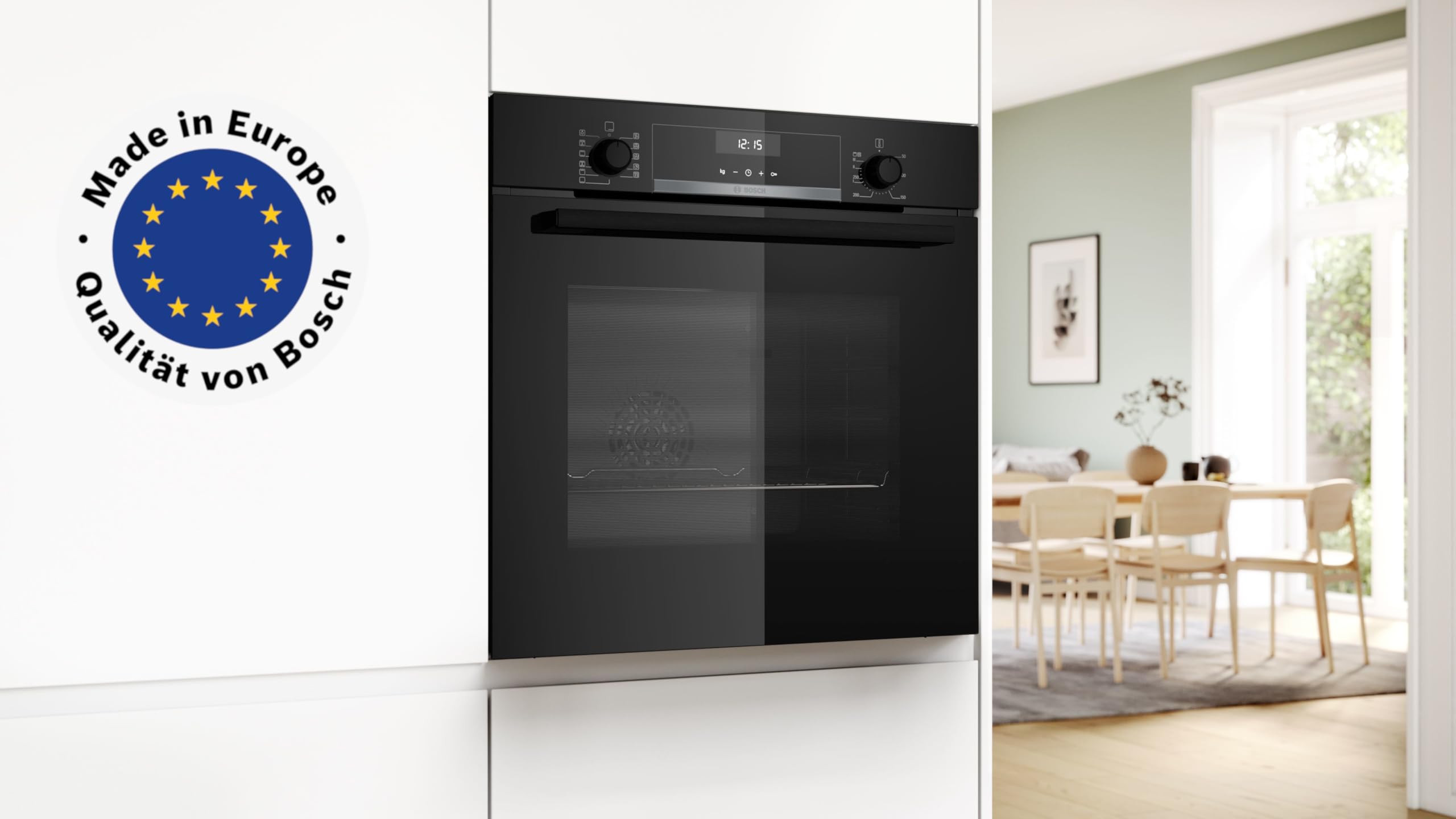 Bosch Einbau-Backofen 60 x 60 cm, Serie 6, Air Fry Funktion, 10 Automatikprogramme, 3D Heißluft für gleichmäßige Hitze auf 3 Ebenen, Reinigungsunterstützung mit Wasserdampf, HBG537BB4, Schwarz