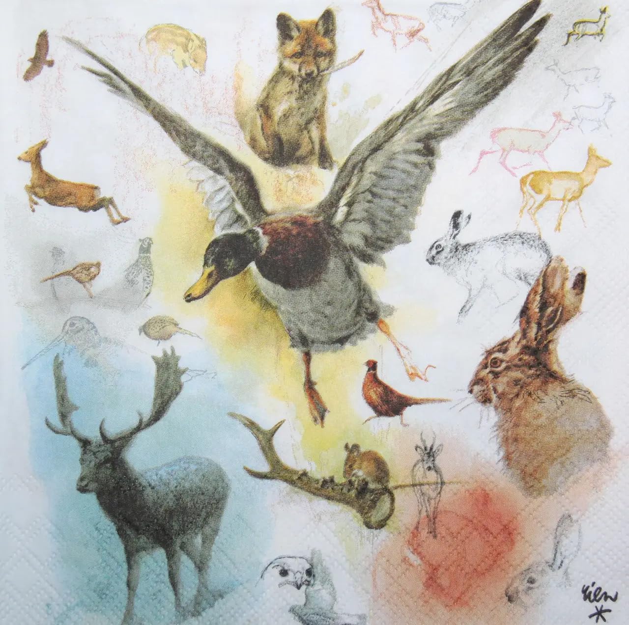 Set of 2 Individual Decoupage Paper Party Napkin Duck Wildlife Rabbit Deer Watercolor Decor Luncheon Napkins for a Birthday Holiday, Wedding, Cocktail Party