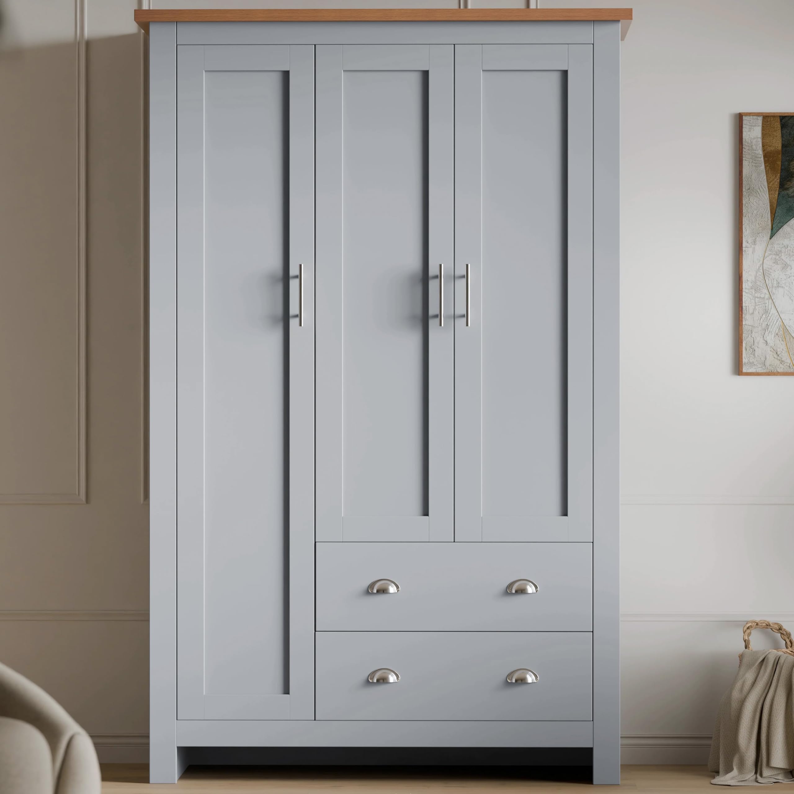 Blisswood Bedroom Wardrobe 3 Door with 4 Shelves and Hanging Rail, Modern Wooden Clothes Organiser, Large Storage Cupboard Unit with 2 Drawers, Wardrobe for Bedroom Furniture, Grey & Oak