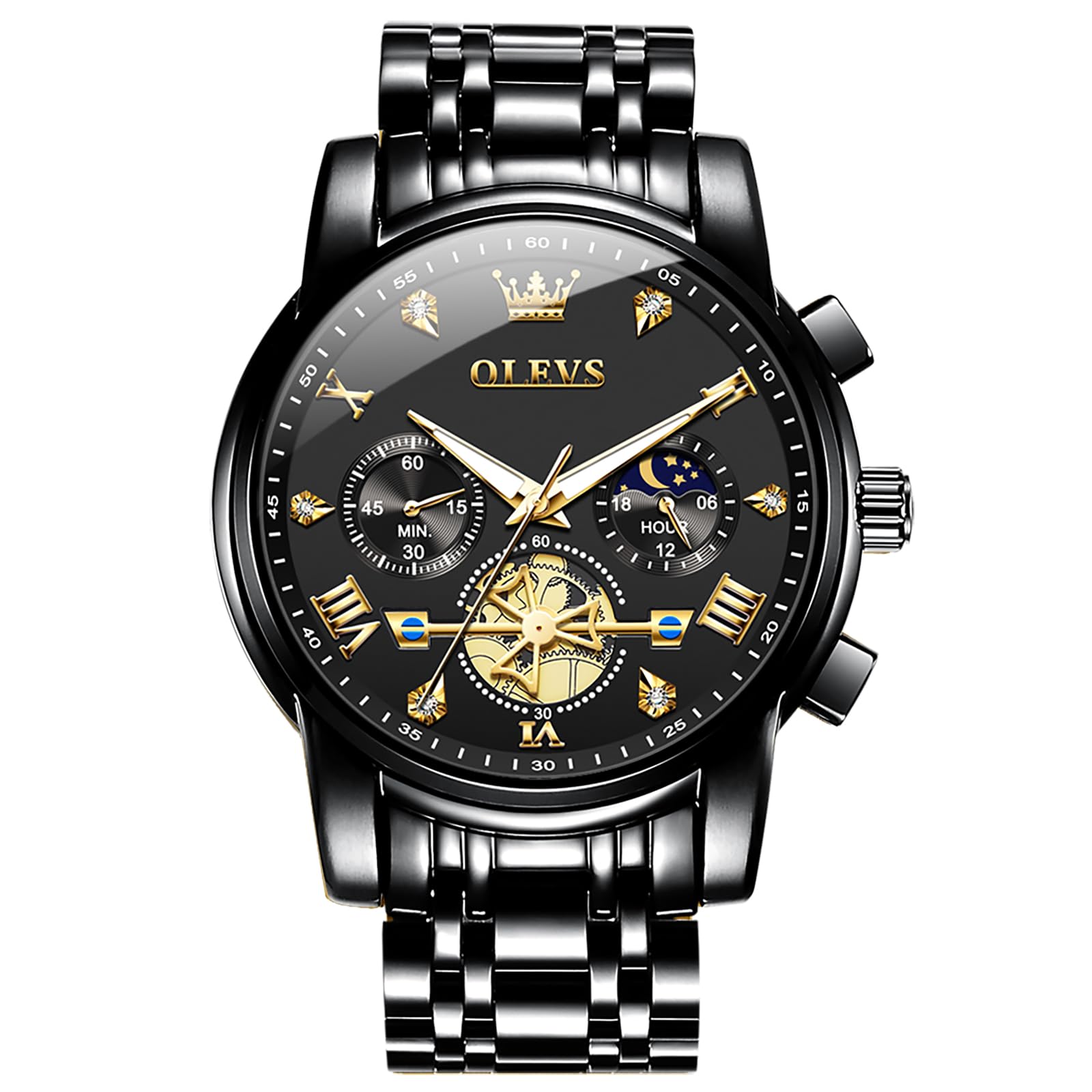 OLEVS Men's Chronograph Watch, Gold Silver Tone Stainless Steel Analog Quartz Watch, Multi-Function Waterproof Date Diamond Roman Numerals Dial Dress Watch for Men
