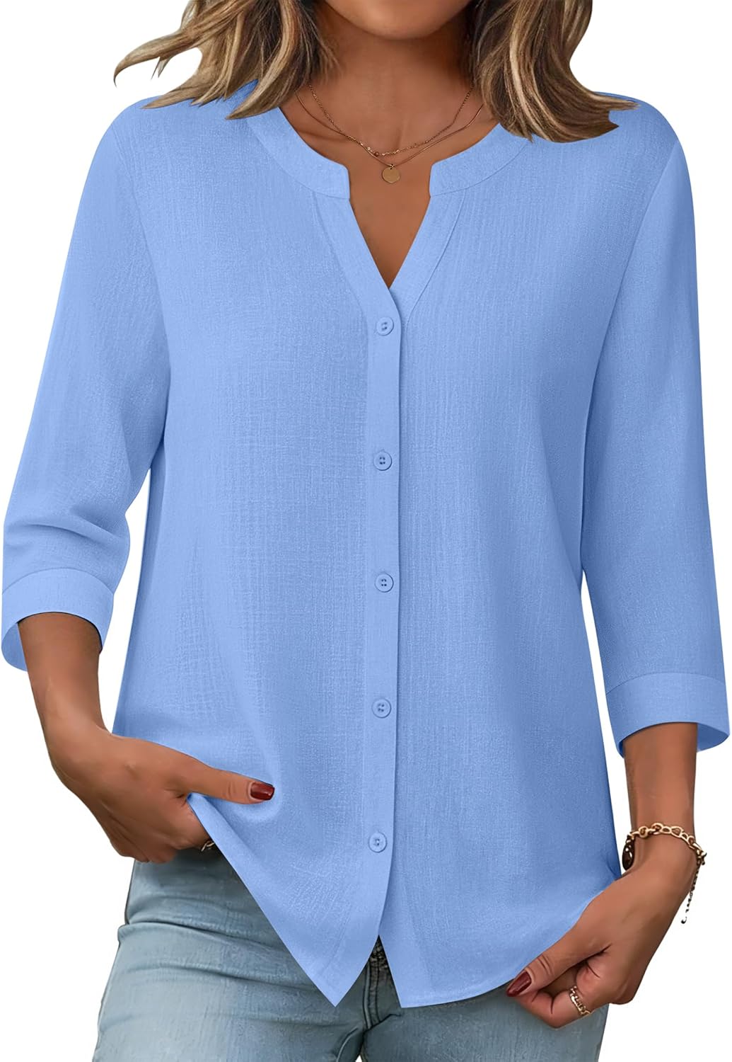 Zeagoo Button Down Shirts for Women 3/4 Sleeve Linen Cotton V Neck Tops Dressy Casual Loose Work Blouses