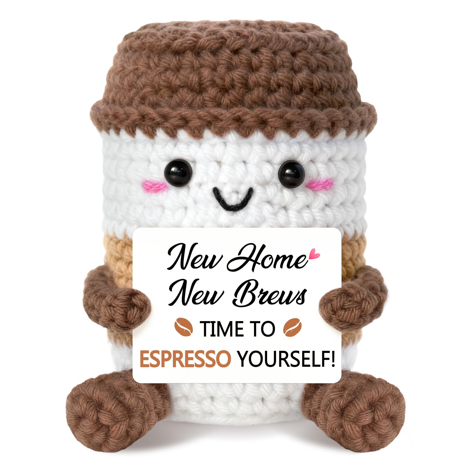 New Home Gifts Knitted Espresso Cup – “Time to Espresso Yourself!” Housewarming Gift Handmade Crochet Coffee Decoration for Couples, Friends, Colleagues – Unique New House Presents for Coffee Lovers — image 1