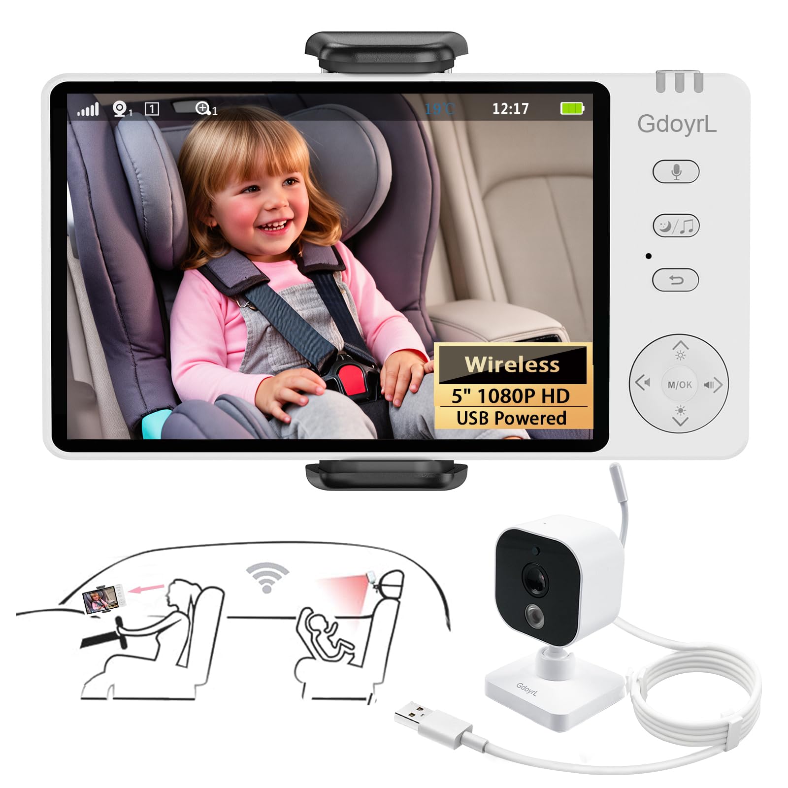 - Wireless Baby Car Camera Monitor 5" HD 1080P IPS, 360° Rotating Camera with Auto/Manual Night Vision, 1000ft Range, Anti-Glare Display & USB Charging for Backseat, Home, Travel，Camping