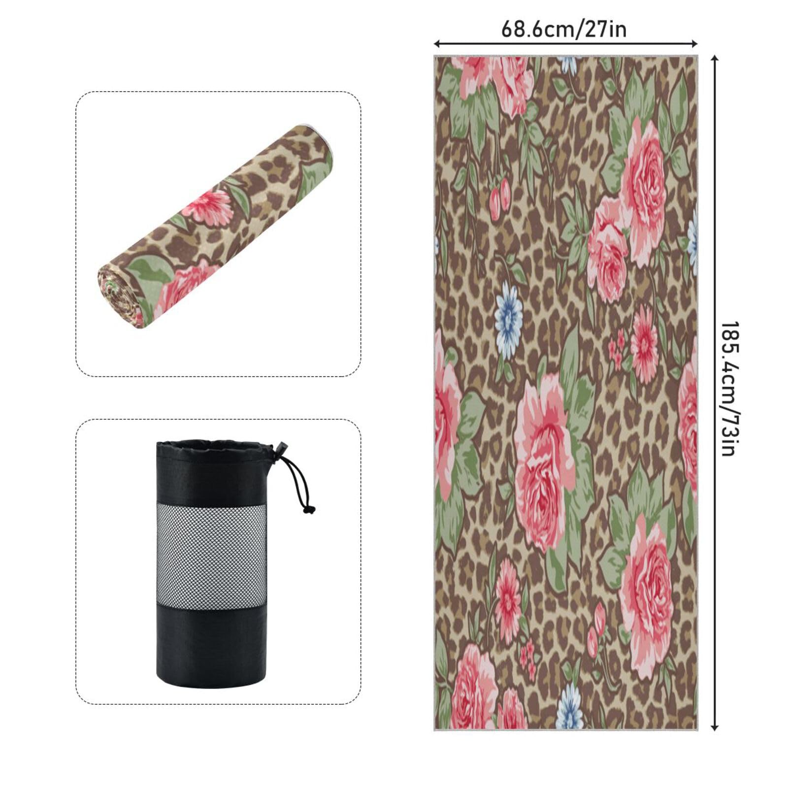 pnyoin Classic Rose in Animal Yoga Towel,Hot Yoga Mat Towel with Grip Dots Sweat Absorbent Non-Slip for Hot Yoga, 24