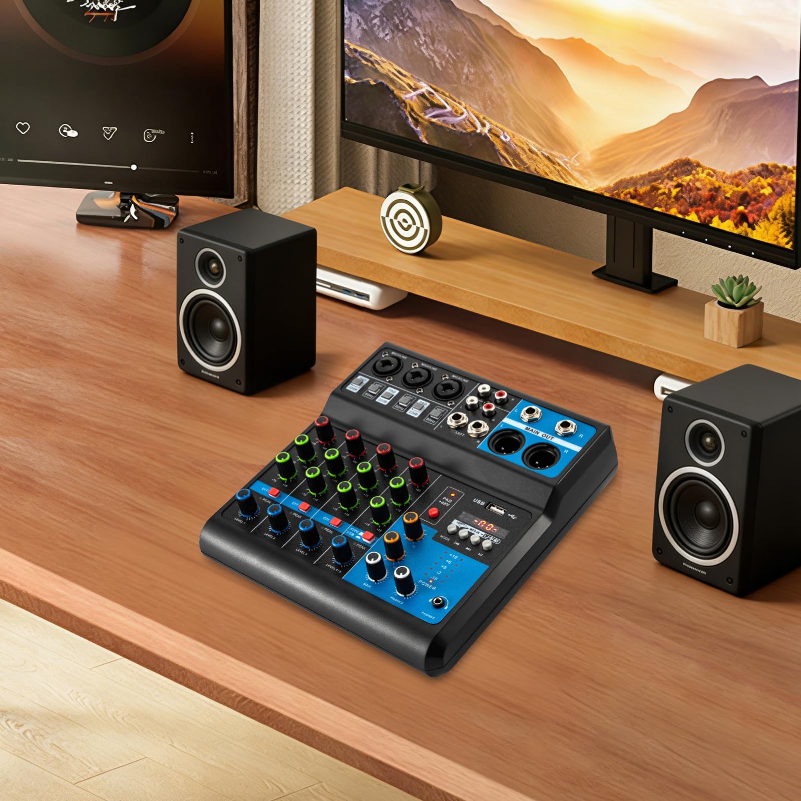 Mixer audio Soundboard, mixer audio a 5 vie con USB, Bluetooth, alimentazione phantom stereo, potenziometro, interfaccia loto per podcasting, spettacoli dal vivo