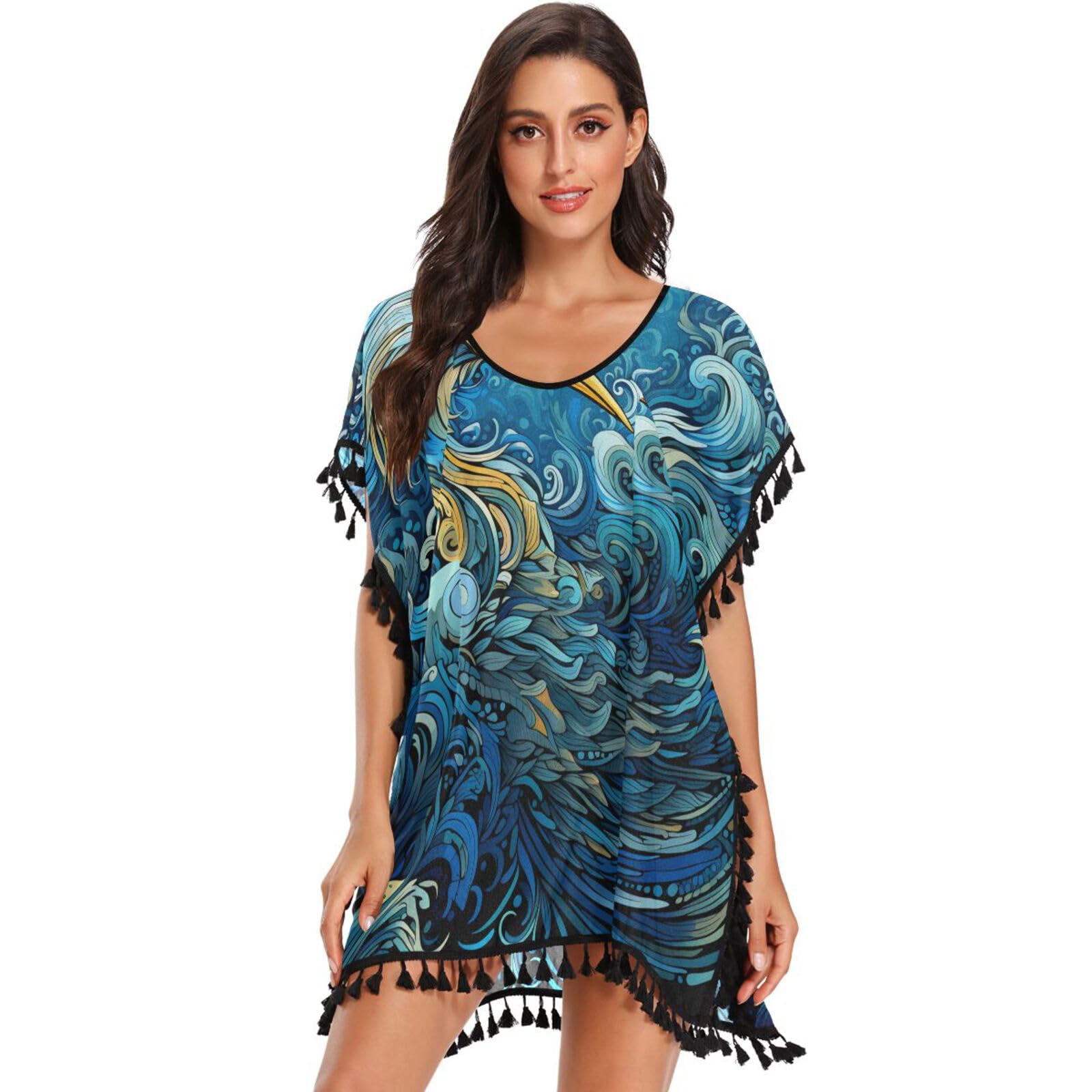 Abstract Art Blue Bird Women's Beach Cover Up Chiffon Tassel Swimwear Swimsuit Coverups for Girl