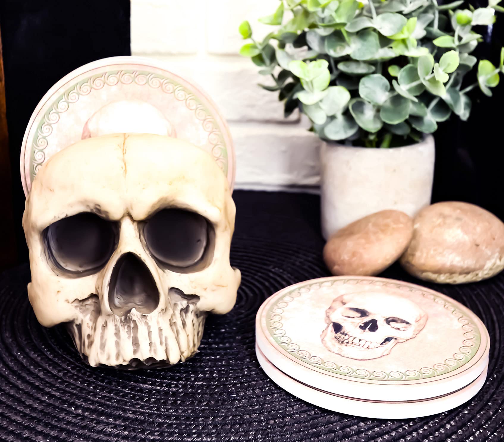 Ebros Gothic Bone Cream Jointed Homosapien Half Skull Resin Coaster Figurine Holder with 4 Skull Face Scrollwork Bordered Sublimed Tile Coasters Set Furniture Protector Home Decor Statue