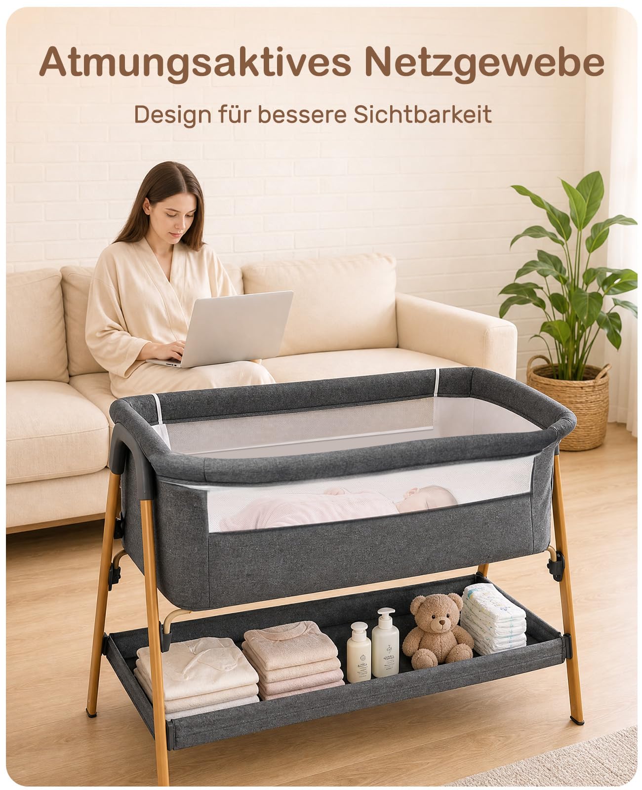 UBRAVOO Beistellbett Baby 2-in-1, Babybett & Baby Wiege für Neugeborene – mit Aufbewahrungskorb & Weicher Matratze (Grau)
