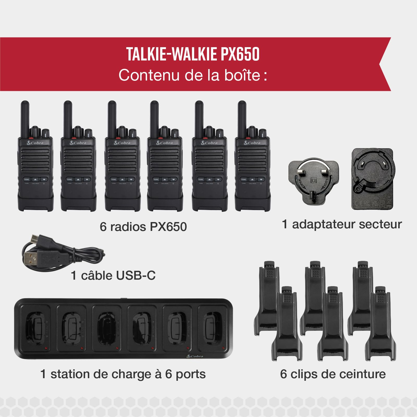 Cobra PX650 Talkies-Walkies Professionnels (Pack de 6) – Talkies-Walkies Rechargeables PMR446 pour Entreprises, portée de 27000 m²/25 étages, Protection poussière et éclaboussures (IP54), Noir