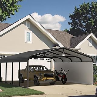 20x20 Metal Carport, Galvanized Steel Roof Car Port with Remvoable Polyethylene Sidewalls