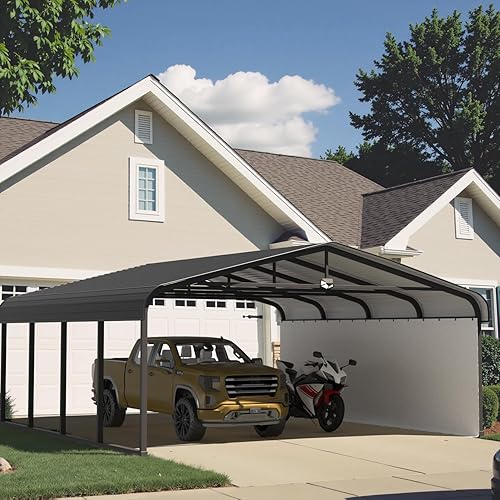 20x20 Metal Carport, Galvanized Steel Roof Car Port with Remvoable Polyethylene Sidewalls