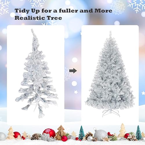 Miniatura 9 de GOFLAME Árbol de Navidad artificial de 6 pies con bisagras con 1036 puntas de rama, árbol de Navidad de oropel plateado con soporte de metal,