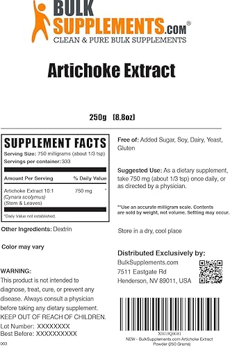 Miniatura 2 de BULKSUPPLEMENTS.COM Extracto de alcachofa en polvo, suplemento de hierbas, procedente de hoja y tallo de alcachofa, sin gluten, 750 mg por porción,