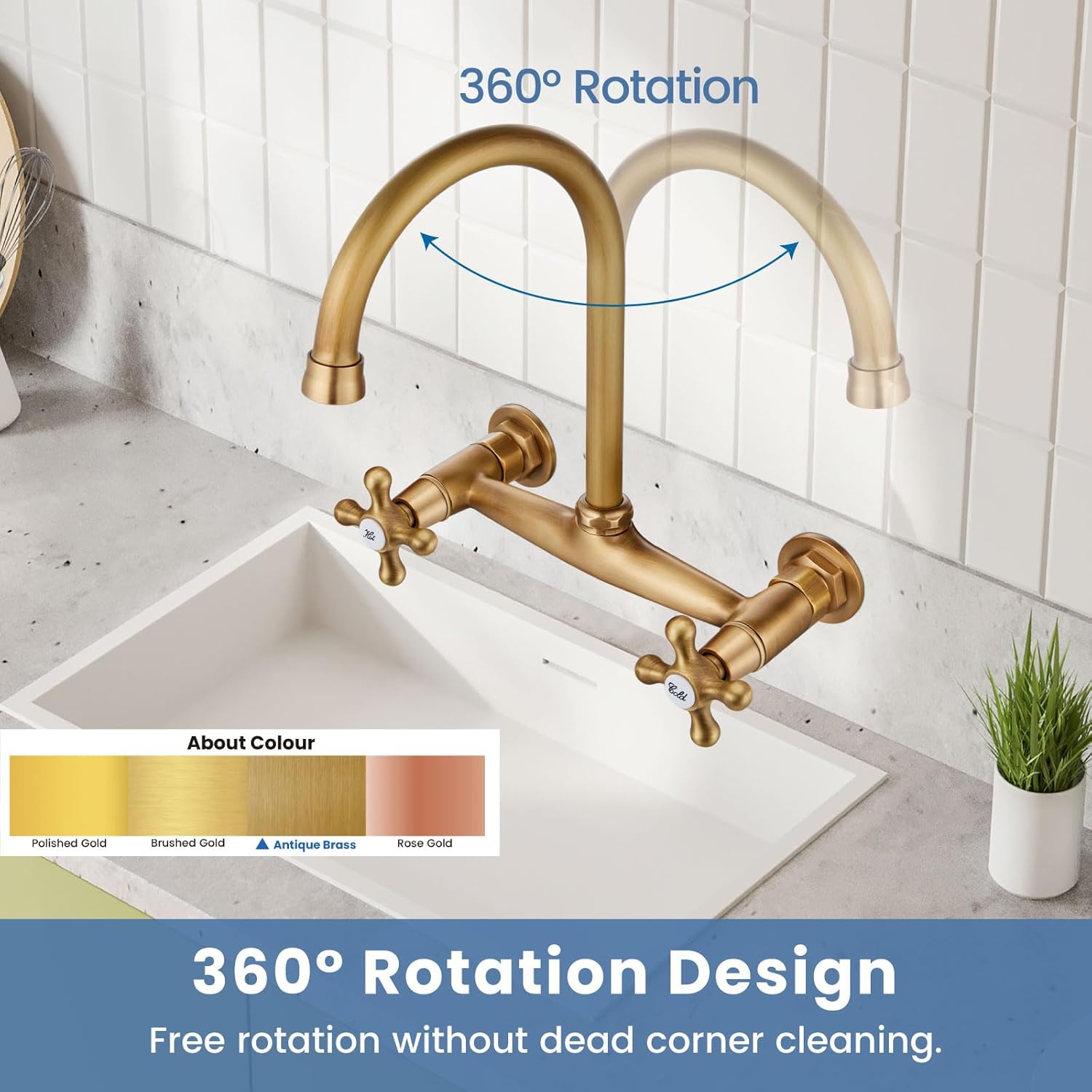 Airuida Antique Brass Wall Mount Kitchen Sink Faucet, Wall Mounted 8 Inches Center Faucet Wall Mounted Kitchen Faucet Wall Mount Laundry Sink Faucet Double Cross Handles 9 Inch Spout Reach 6 Inch Cent