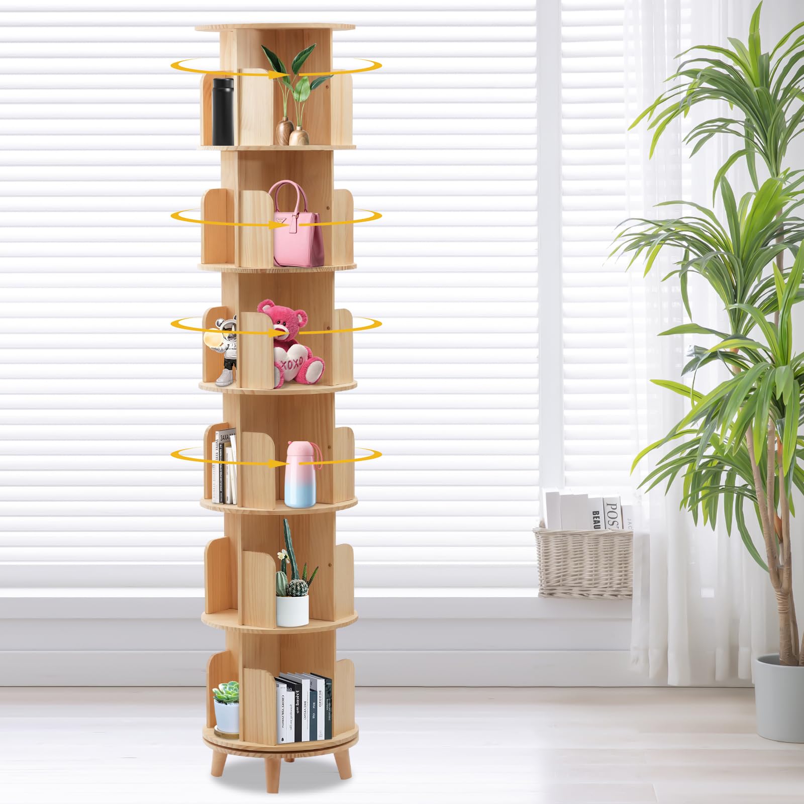 Drehbares Bücherregal aus Massivholz 6 Ebenen, 360°Drehbar Aufbewahrungs Regal Multifunktionales Standregal Vitrinenschrank für Schlafzimmer Wohnzimmer