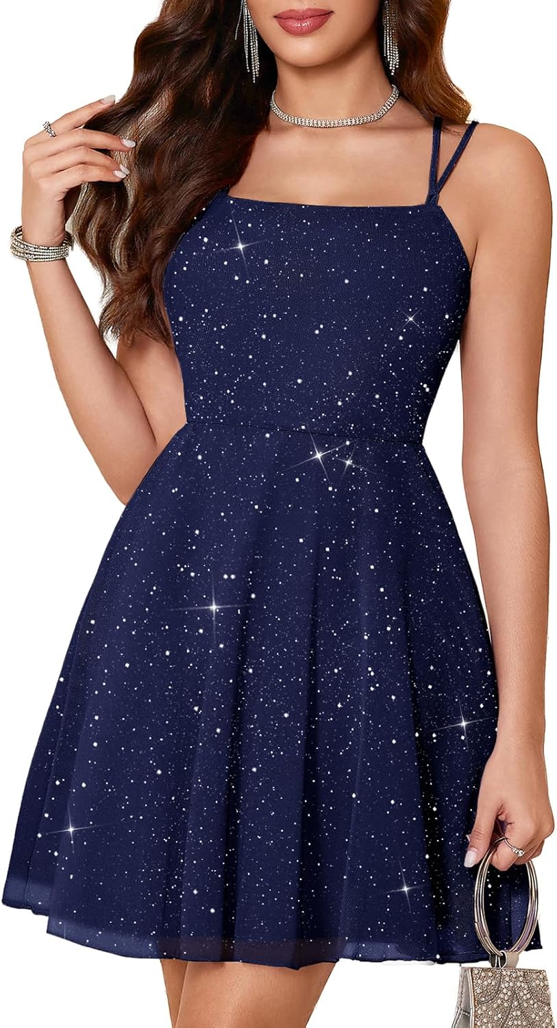 Meetjen Women's Sparkly Prom Dresses Formal Off Shoulder Tea Party V-Neck Spaghetti Straps A-line Sequin Cocktai Dress