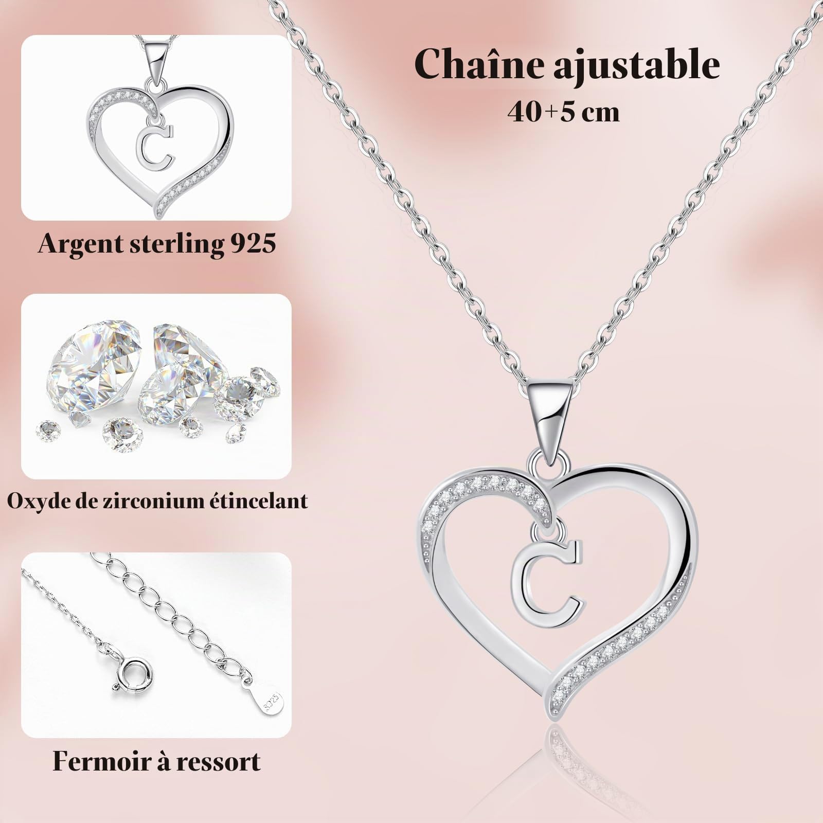 Cadeau Fête Des Mères Pour Femme En Argent Lettre Initiale coeur Collier Personnalisé Prénom Initial Collier Bijoux Femme Argent Cadeau pour Anniversaire Fête Des Mères
