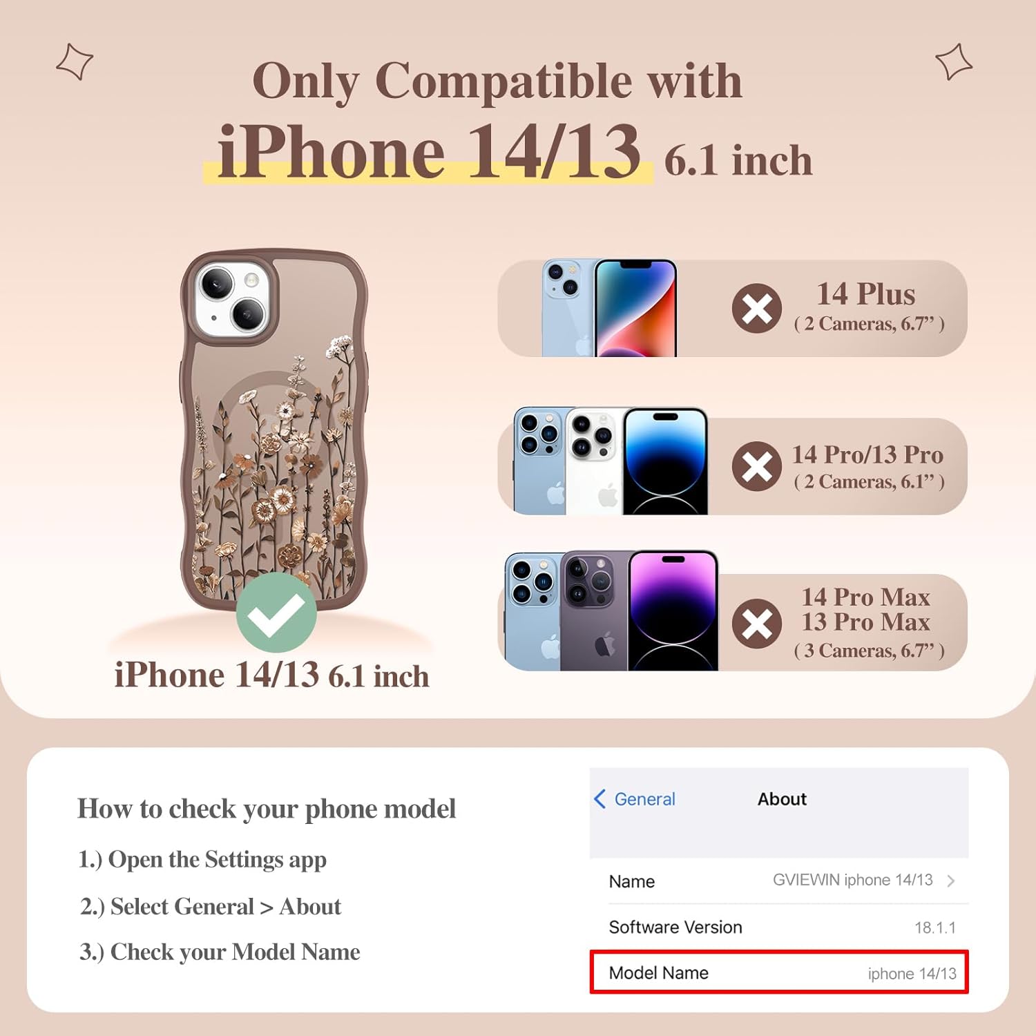 GVIEWIN Cute for iPhone 14 Case & iPhone 13 Case [Compatible with MagSafe] [Curly Wave Edge] Floral Translucent Magnetic Shockproof Protective Phone Cover for iPhone 14/13 6.1'', Floratopia/Brown - Image 2