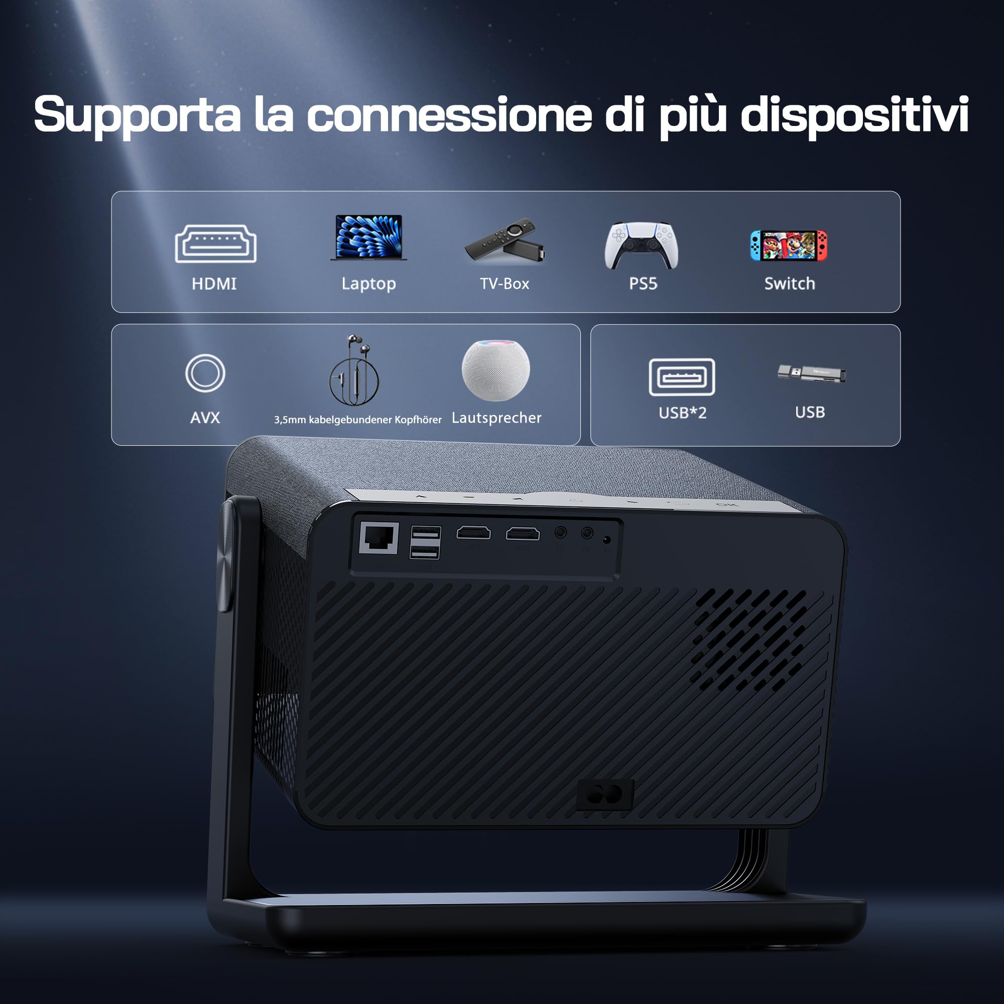 WOLFANG 28000 Lumen Mini proiettore 4K【Netflix Ufficiale & Autofocus/Correzione Trapezoidale】, WiFi 6 Proiettore Portatile con Bluetooth, Videoproiettore Home Cinema con Staffa a 180° per 300" Schermo