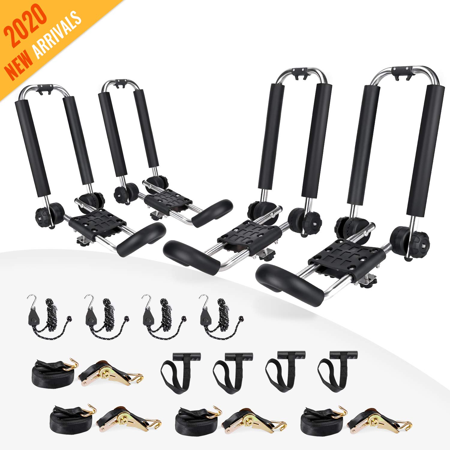 AA-Racks 2 Pair Stainless Steel J-Bar Rack Roof Top Mount with Ratchet Straps, Ratchet Bow and Stern Tie Down Straps & Anchor Straps, Folding Carrier for Your Canoe, SUP and Kayaks on SUV Car Truck