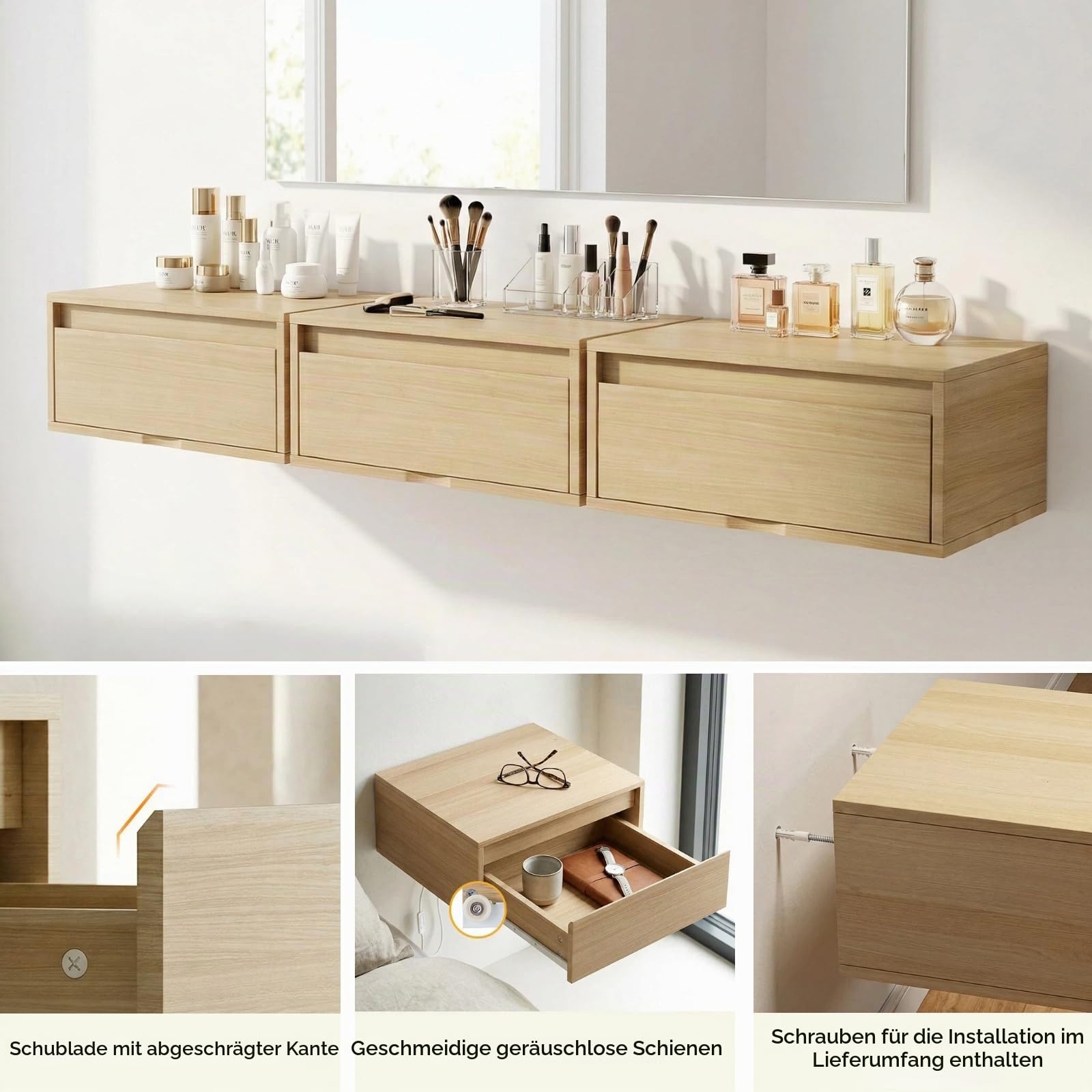 Clevich Nachttisch Hängend 2er Set, Hängender Nachtschrank mit Schublade
