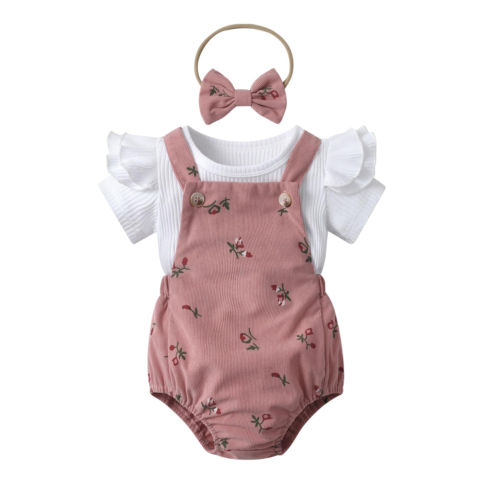 AwxoderNewborn Baby Girl Clothes Short Sleeve Ruffle Tops Suspender Romper Floral Print Outfit Set