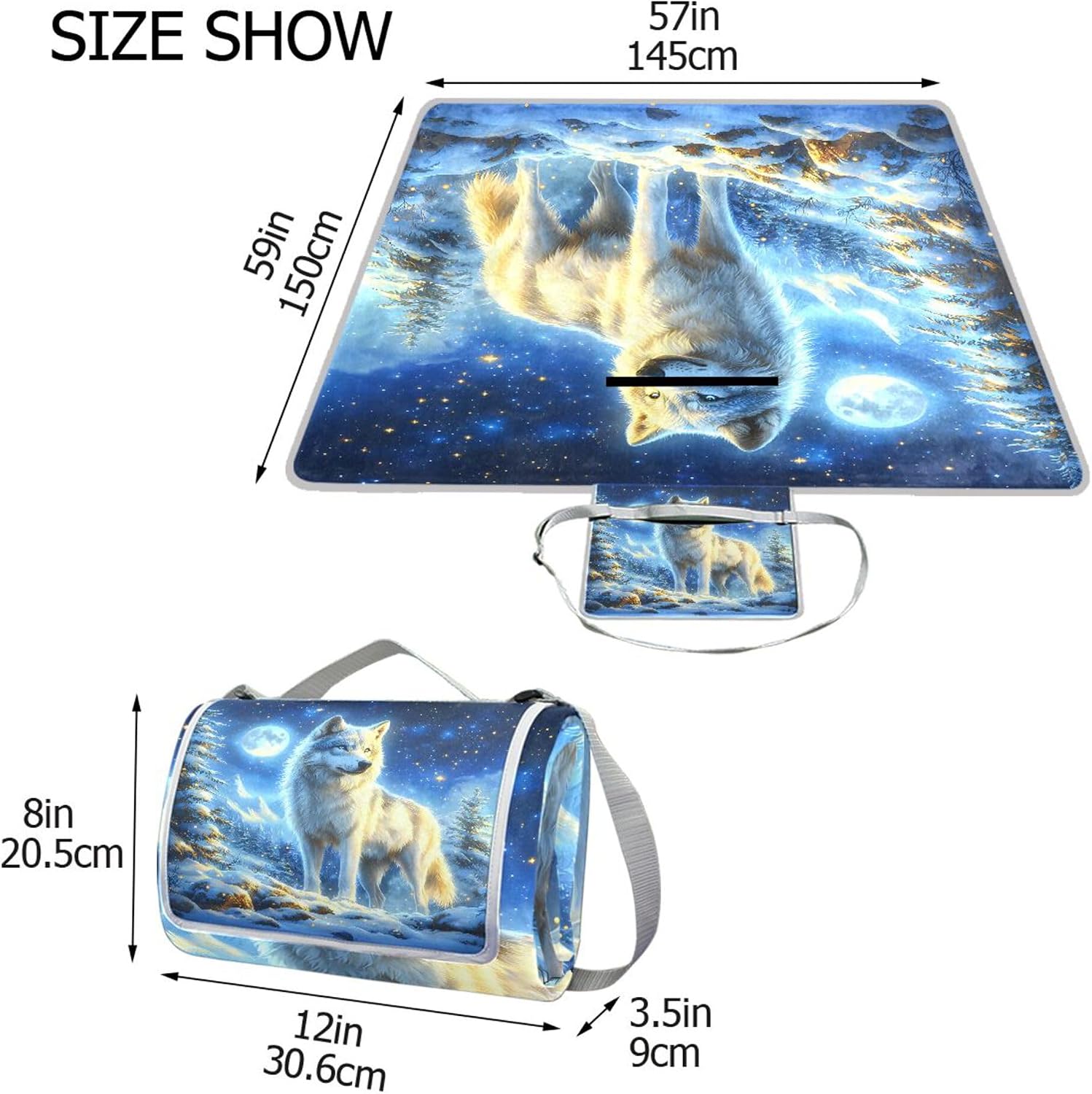 MNSRUU Picnic Blanket Waterproof Foldable, Wolf Snow Large Outdoor Picnic Blanket Beach Blankets Camping Blanket Travel Mat, Shoulder Strap Tote, Rectangle 57x59in