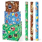 WERNNSAI Football Wrapping Paper Rolls - 3 Short Rolls Sports Gift Wrap Paper Kids for Kids Birthday Party Gift Packing Supply Green Brown Blue Wrapping Paper with Cut Lines 17 in x 10 ft
