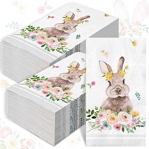 AnyDesign - 80 hojas de servilletas desechables de Pascua para invitados, acuarela, conejo, conejo, floral, servilletas de papel decorativas de
