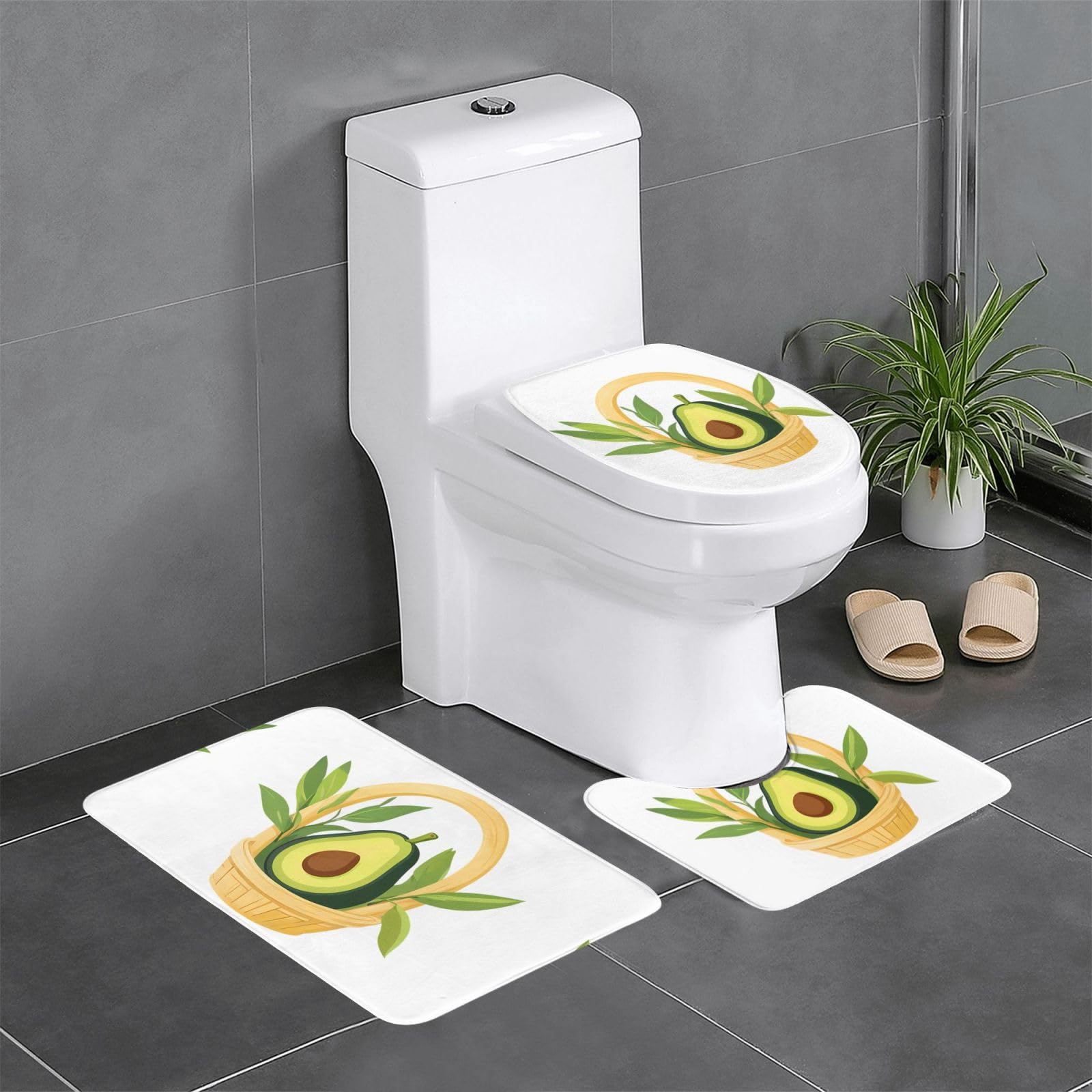 Tapis de salle de bain motif avocat en bambou antidérapant lot de 3 pièces de forme rectangulaire