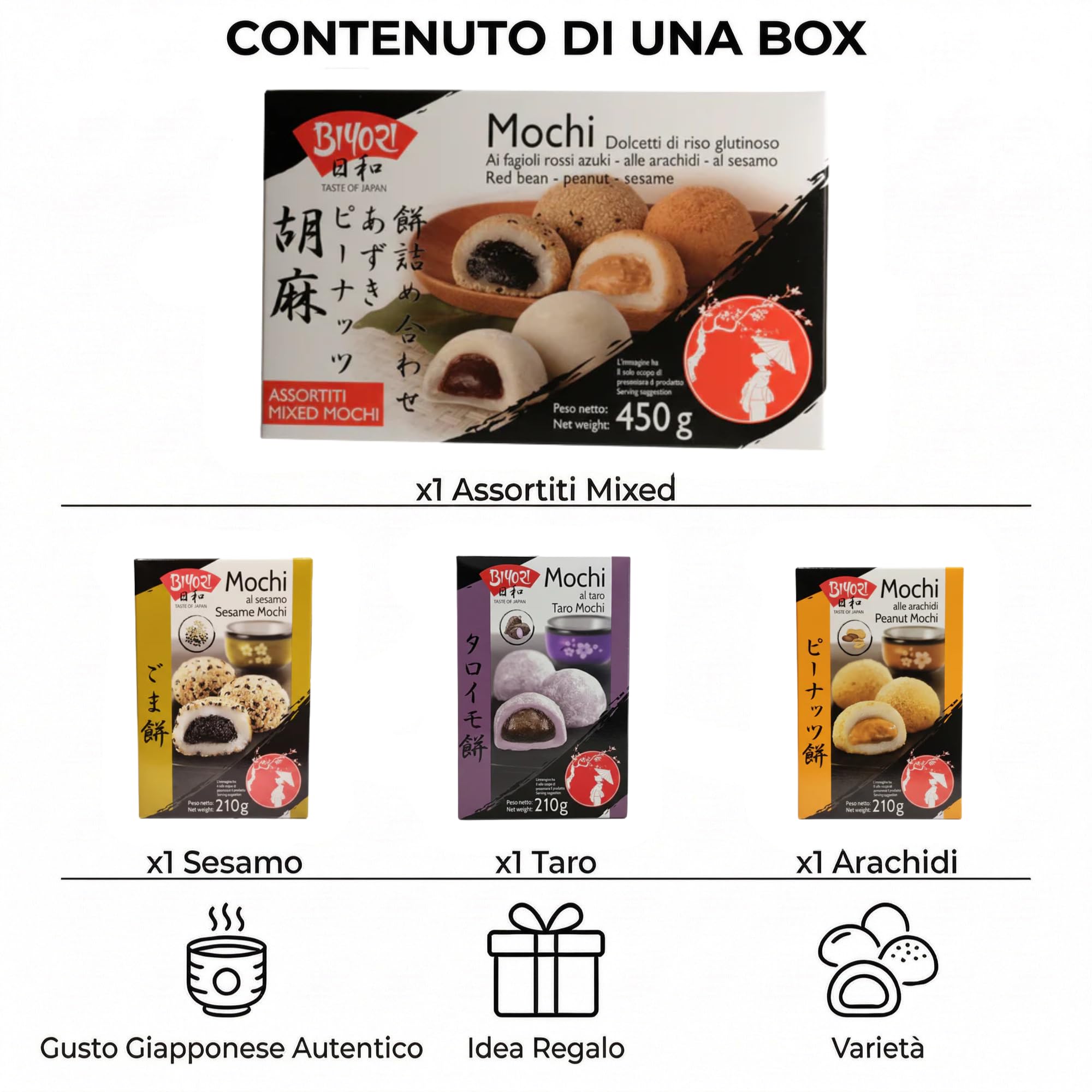 HU TASTE Mochi Biyori 3+1 Box: 3 Confezioni Gusti Taro, Sesamo, Arachidi + 1 Confezione Mix Mochi Assortiti - Snack Dolci Giapponesi e Dolcetti Asiatici, Japanese Food Snack Box e Dolci Giapponesi, 4