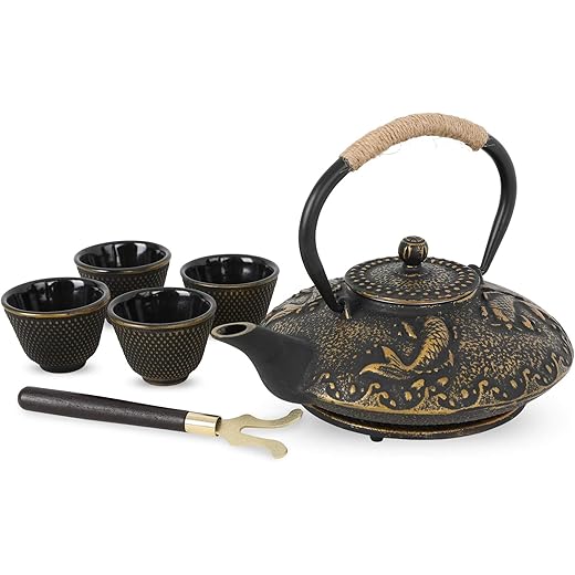 Ufine Koi Fish Cast Iron Teapot Set Stove Top Tea Kettle with 4 Cups Japanese Style Tetsubin Tea Gift Set, 26 oz with Stainless Steel Infuser