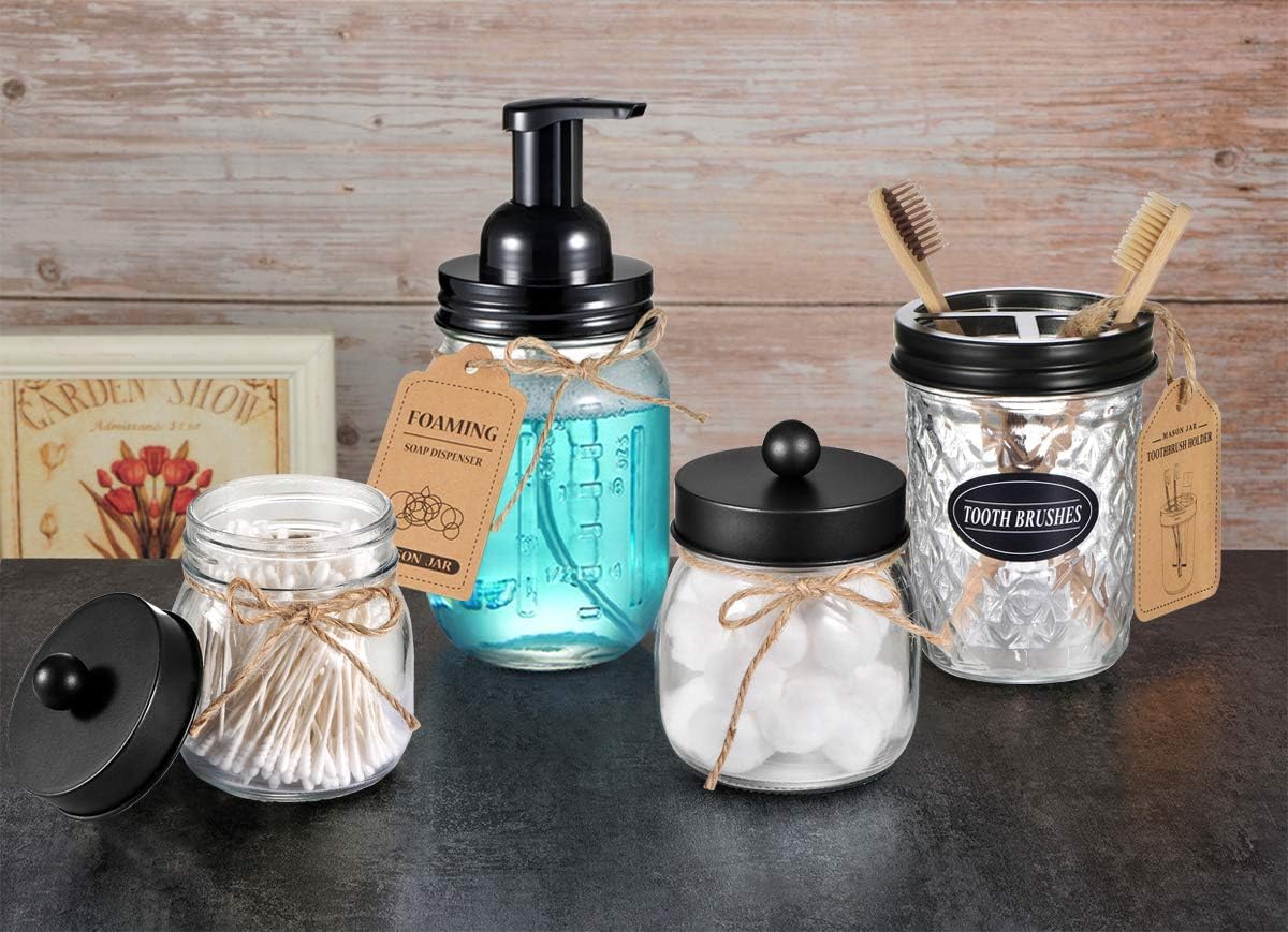 Mason Jar Bathroom Accessories Set 4 Pack - Foaming Soap Dispenser&2 Qtip Holders&Toothbrush Holder-Rustic Farmhouse Decor Bathroom Organizer Apothecary Jar Country Countertop (Black) : Home & Kitchen