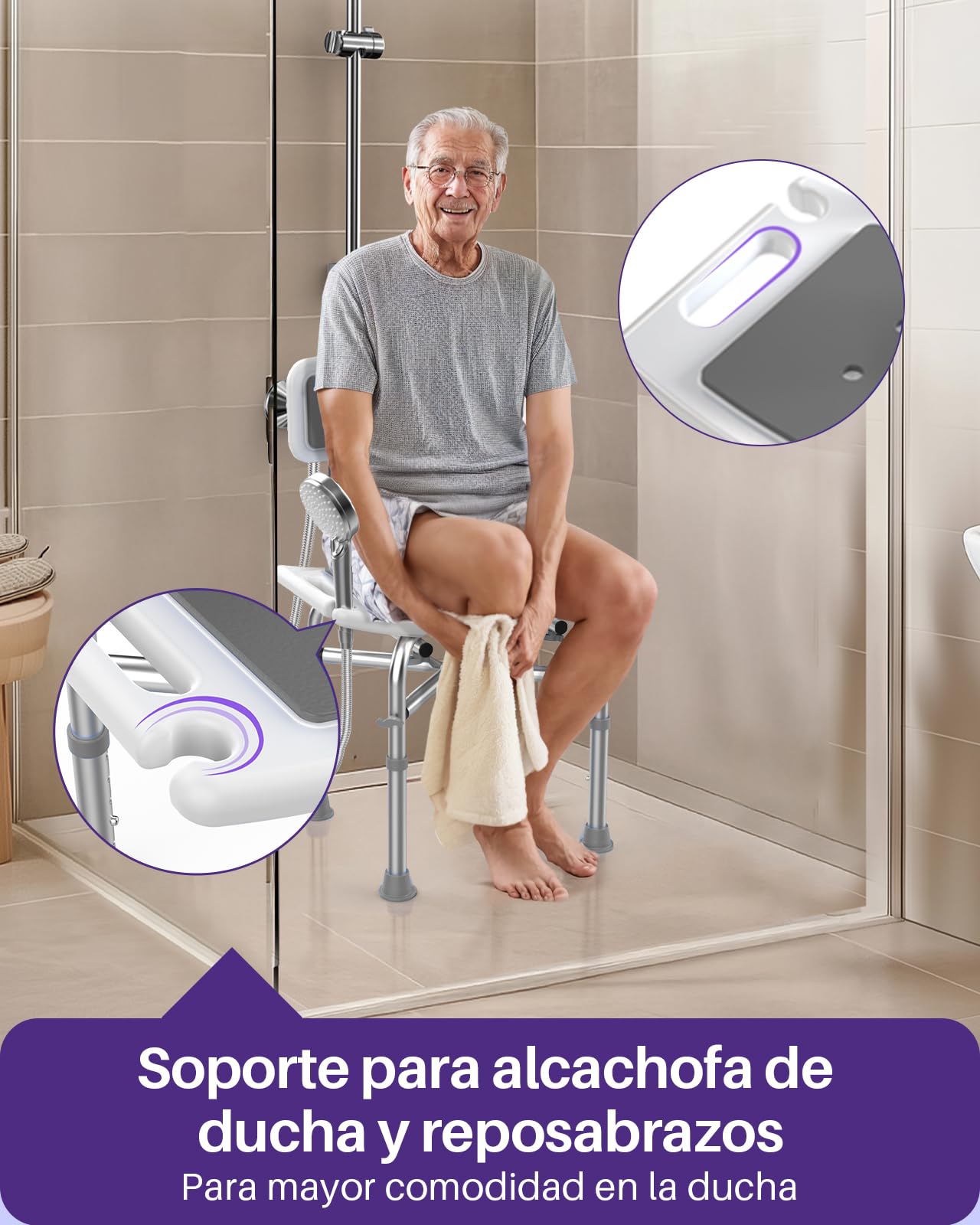 Kekoy Silla Ducha Personas Mayores, Taburete Ducha Reforzado, Placa de Asiento Ensanchada, Ajuste de Altura de 5 Niveles, para Adultos y Discapacitados, Gris