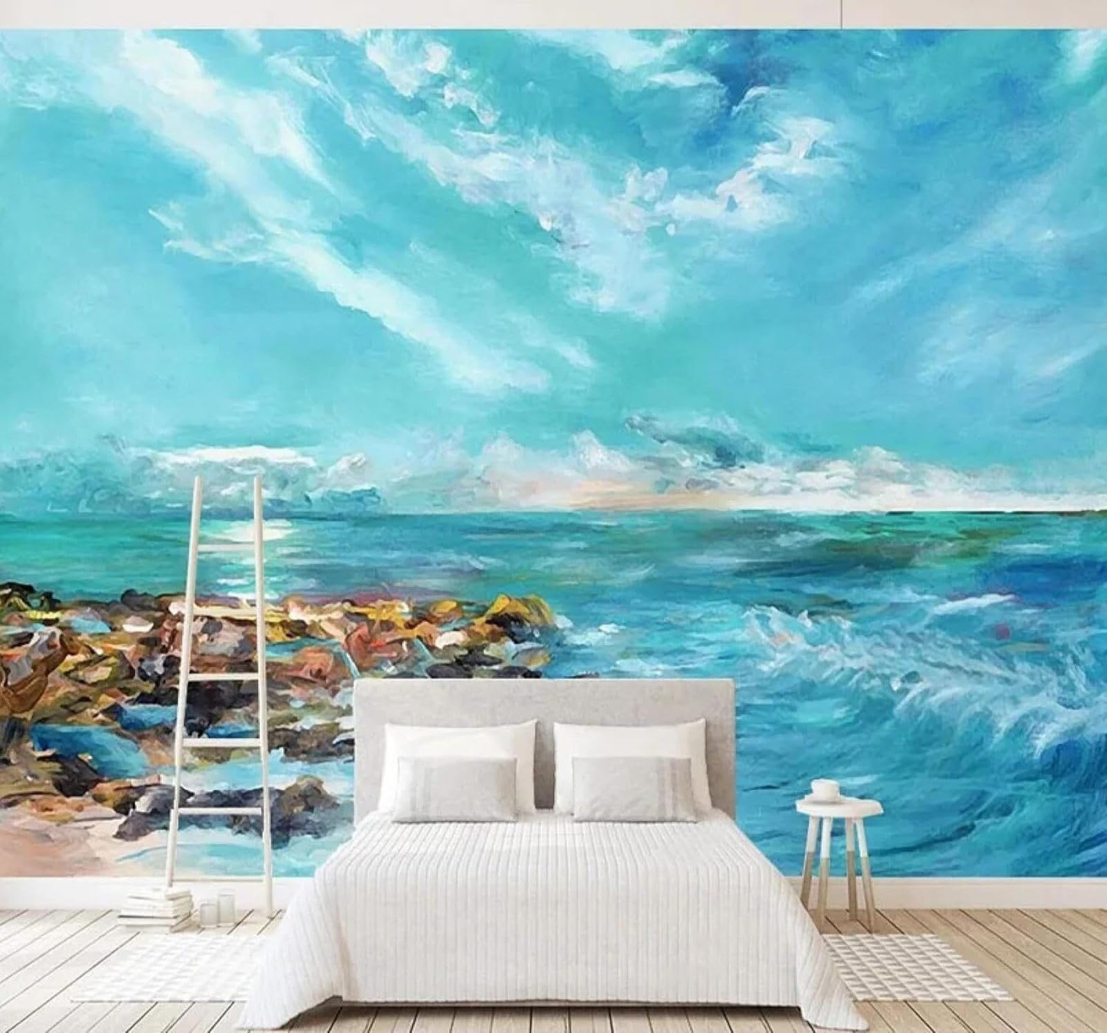 Tzxztt Abstract Blue Sea Beach Landscape Modern 3D Wallpaper Premium Textured Silk Neutral Tones Material Ideal for Living Room Bedroom-400cm×280cm