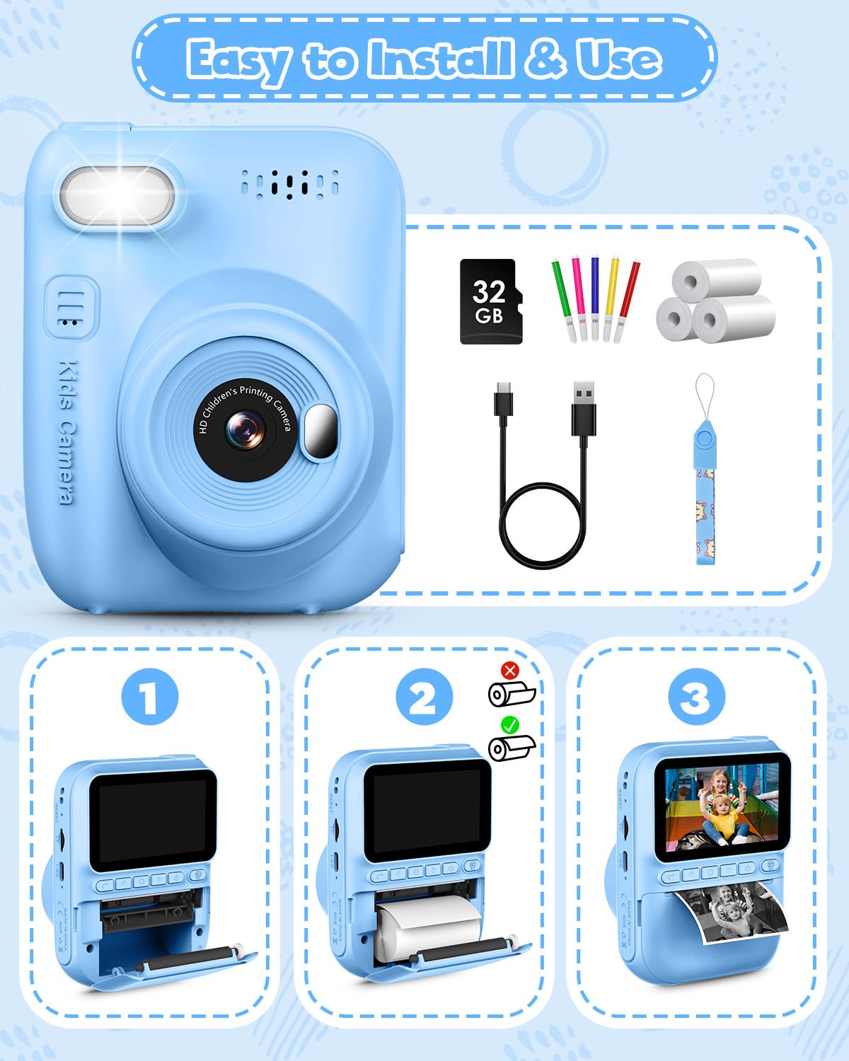 Kinderkamera Sofortbildkamera 3,0 Zoll 1080P Digitalkamera mit Druckerpapier & 32GB Karte für 3-10 Jahre Blau